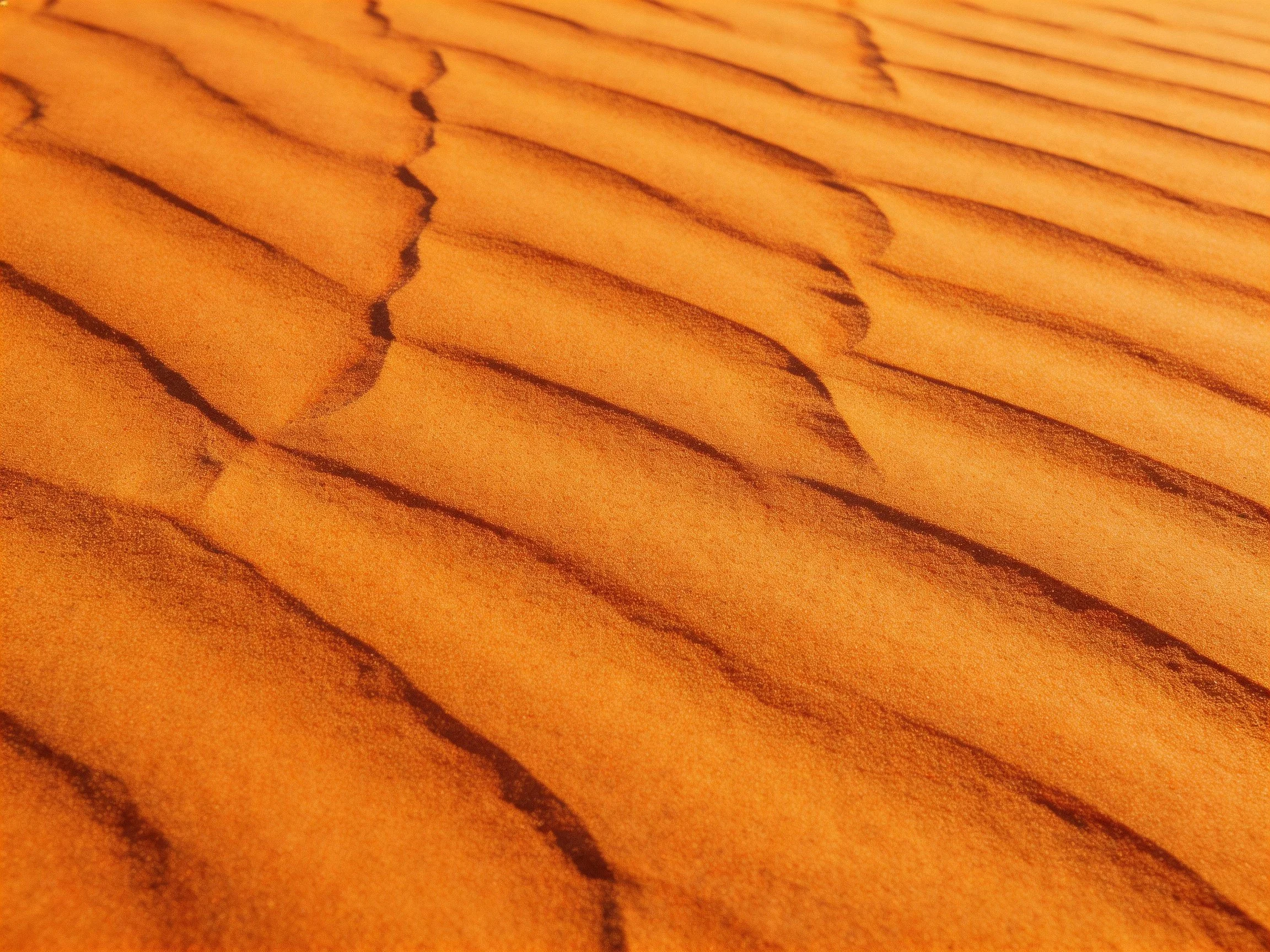 Wavy orange sand dunes with dark shadow lines