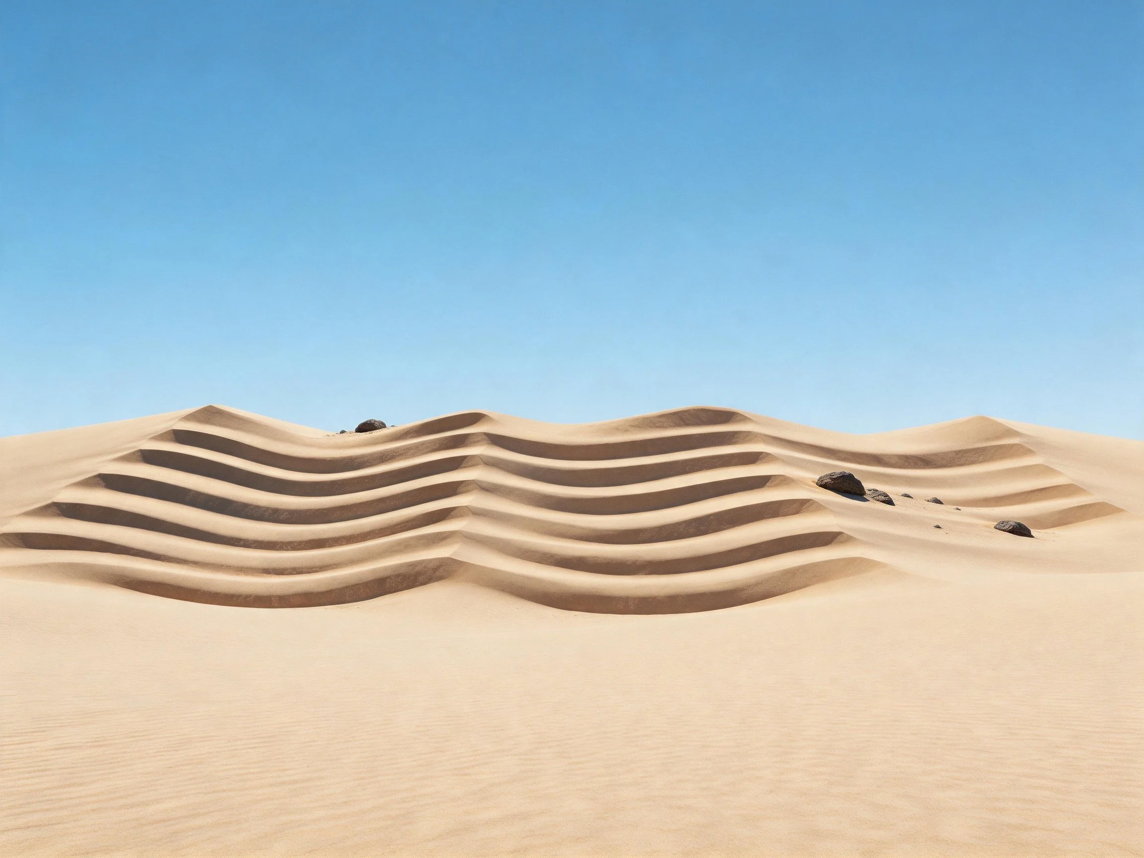 Wavy sand formations in a desert under clear blue sky