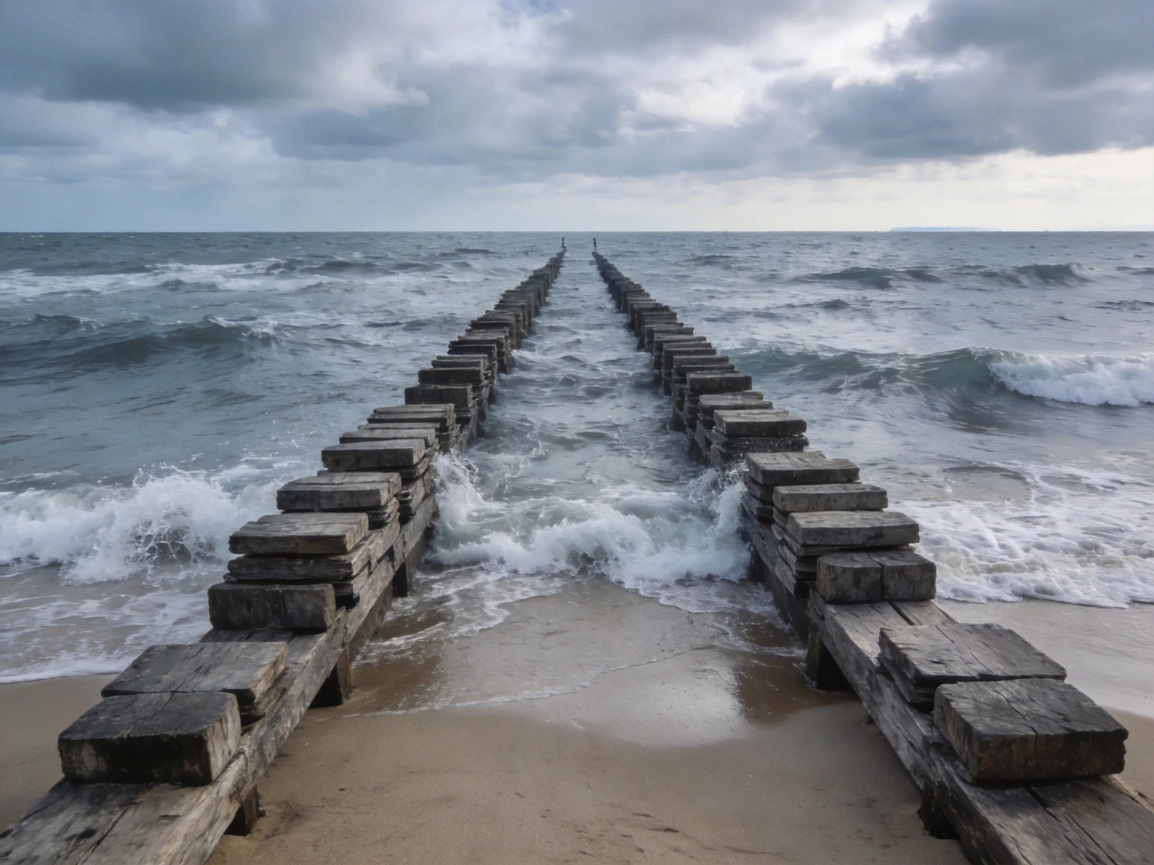 Weathered Wooden Piers Stretch into Turbulent Ocean Under Cloudy Skies