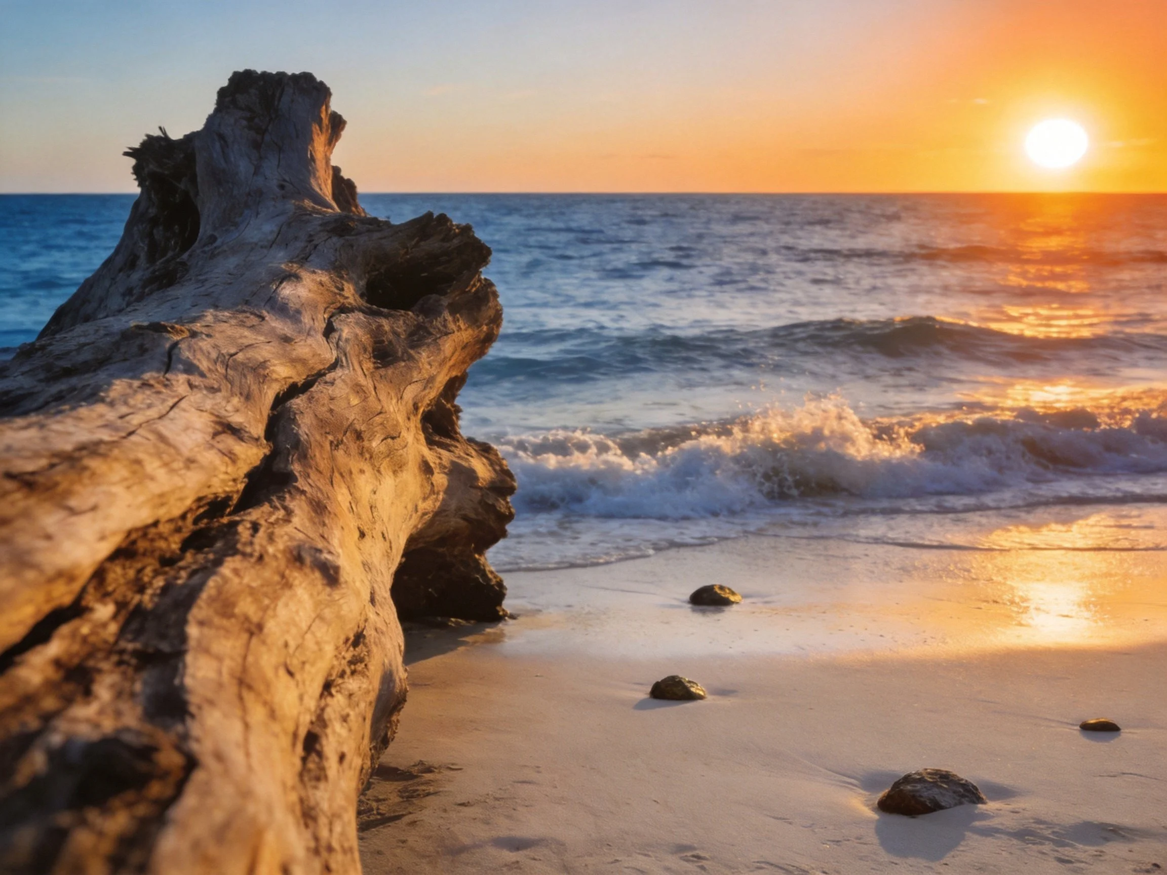 Weathered driftwood on sandy shore during golden sunset