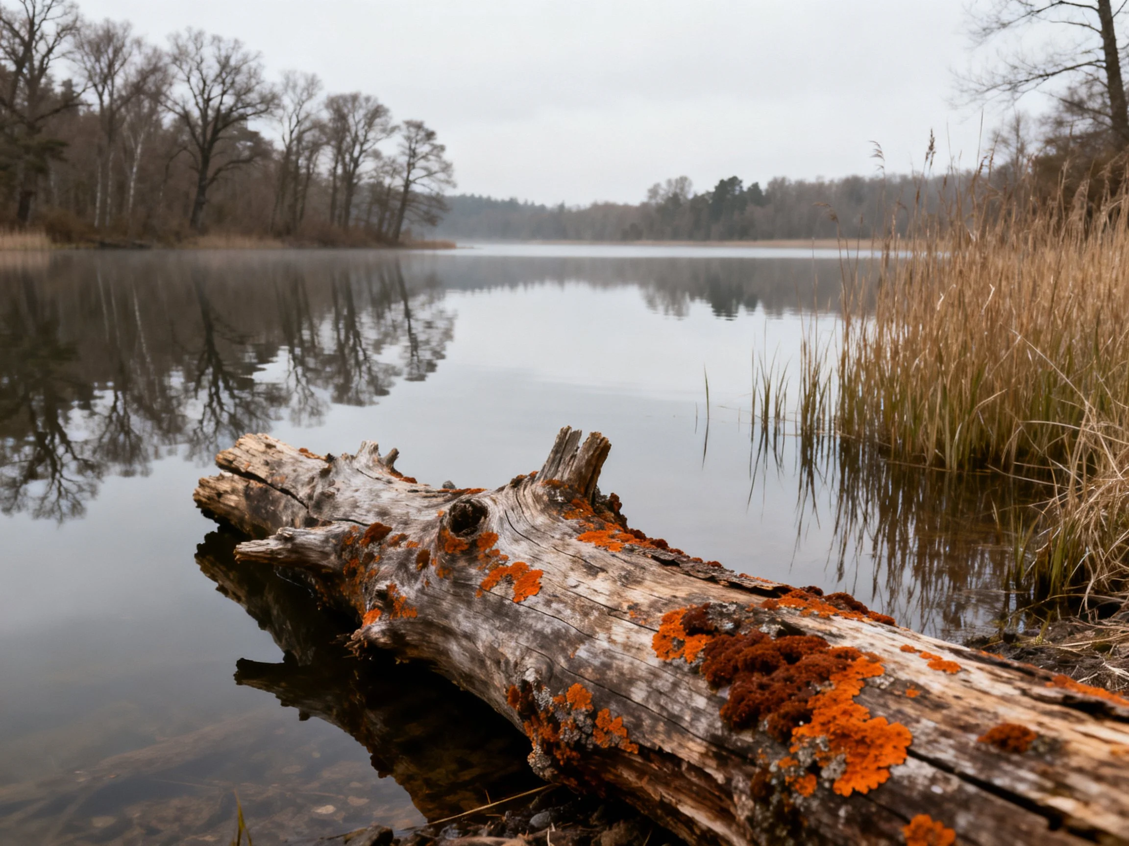 Weathered log with orange lichen by a calm lake