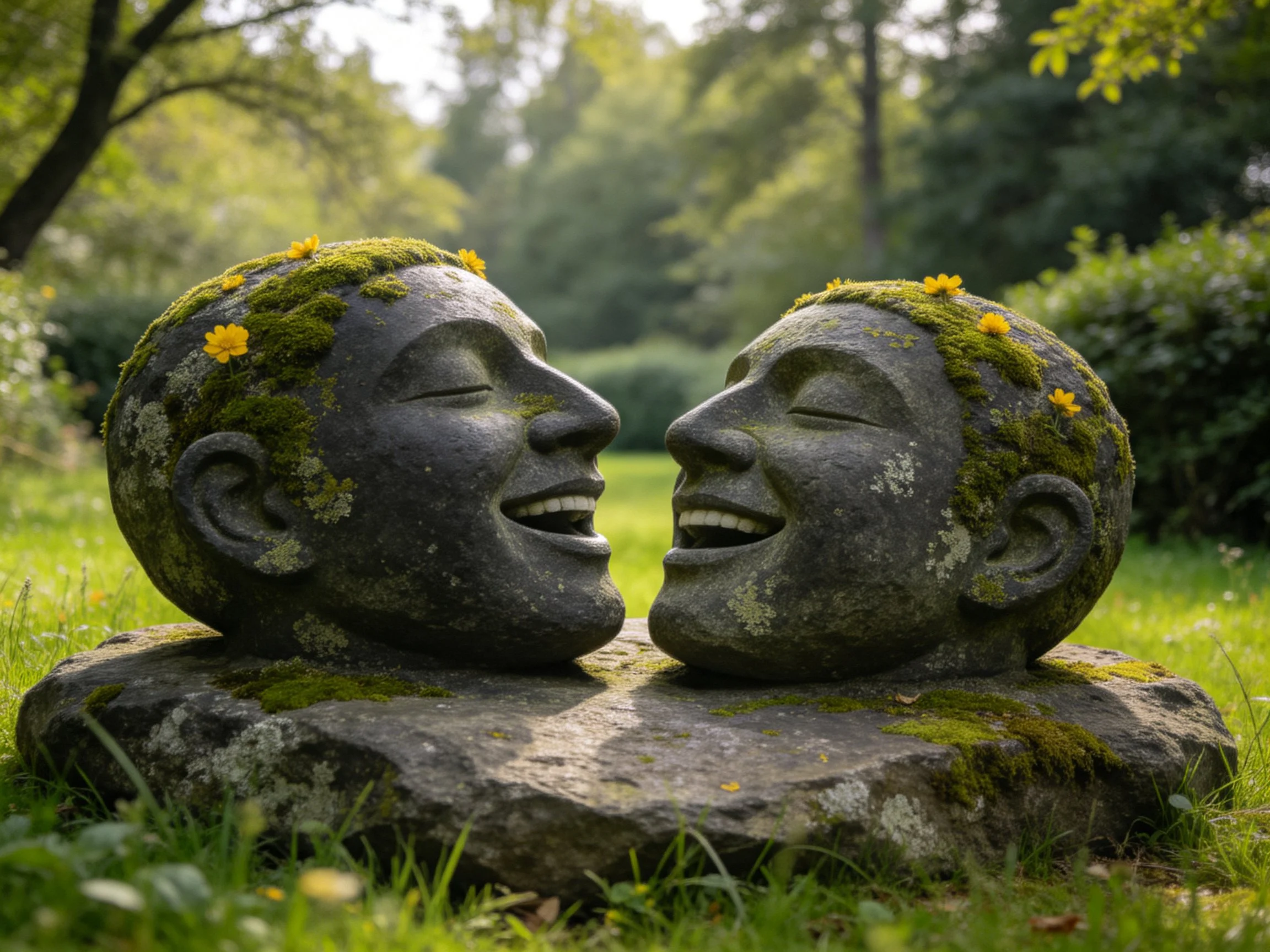 Weathered stone heads with moss and yellow blooms in garden