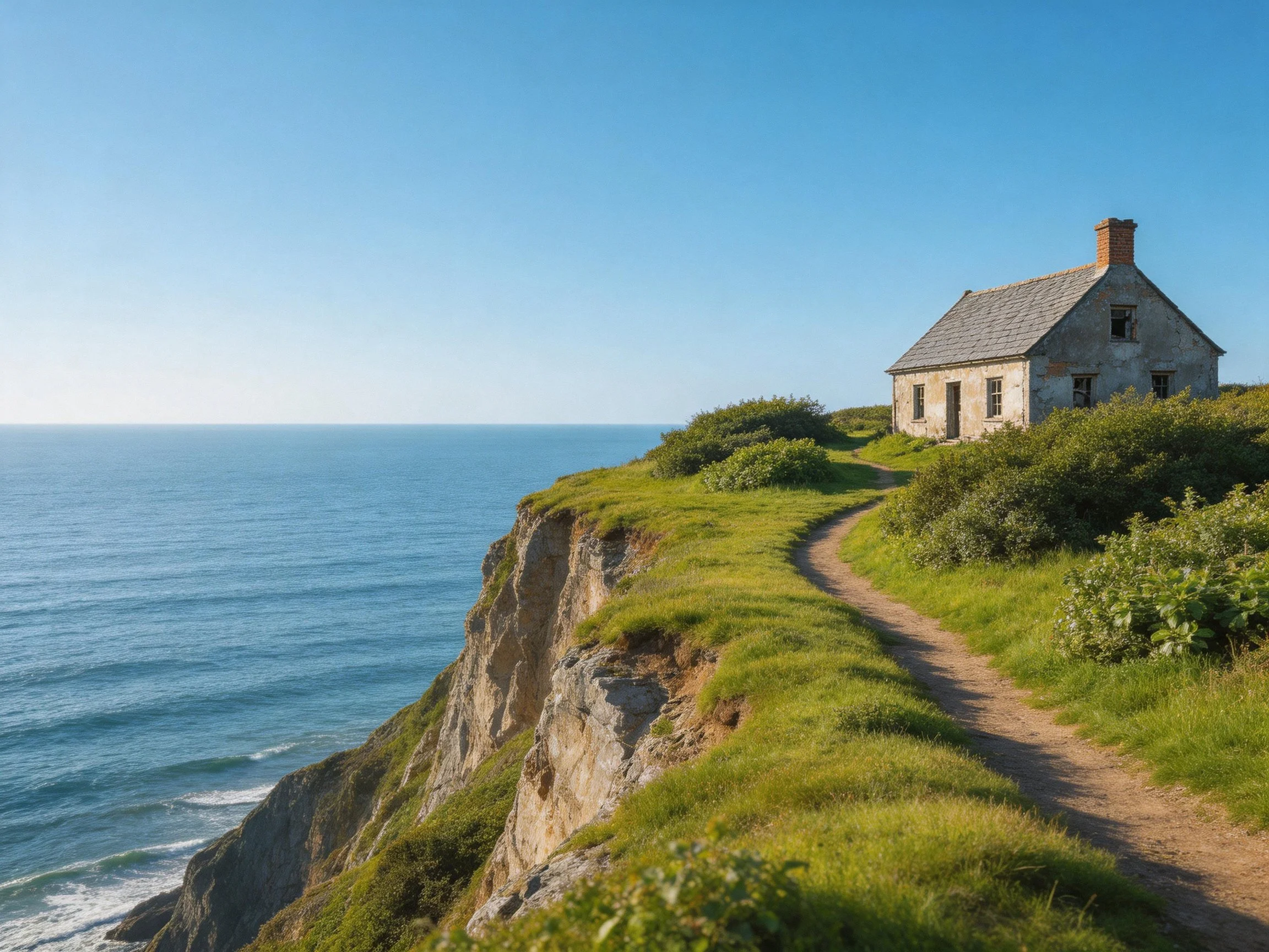 Weathered stone house on coastal cliff edge by blue ocean