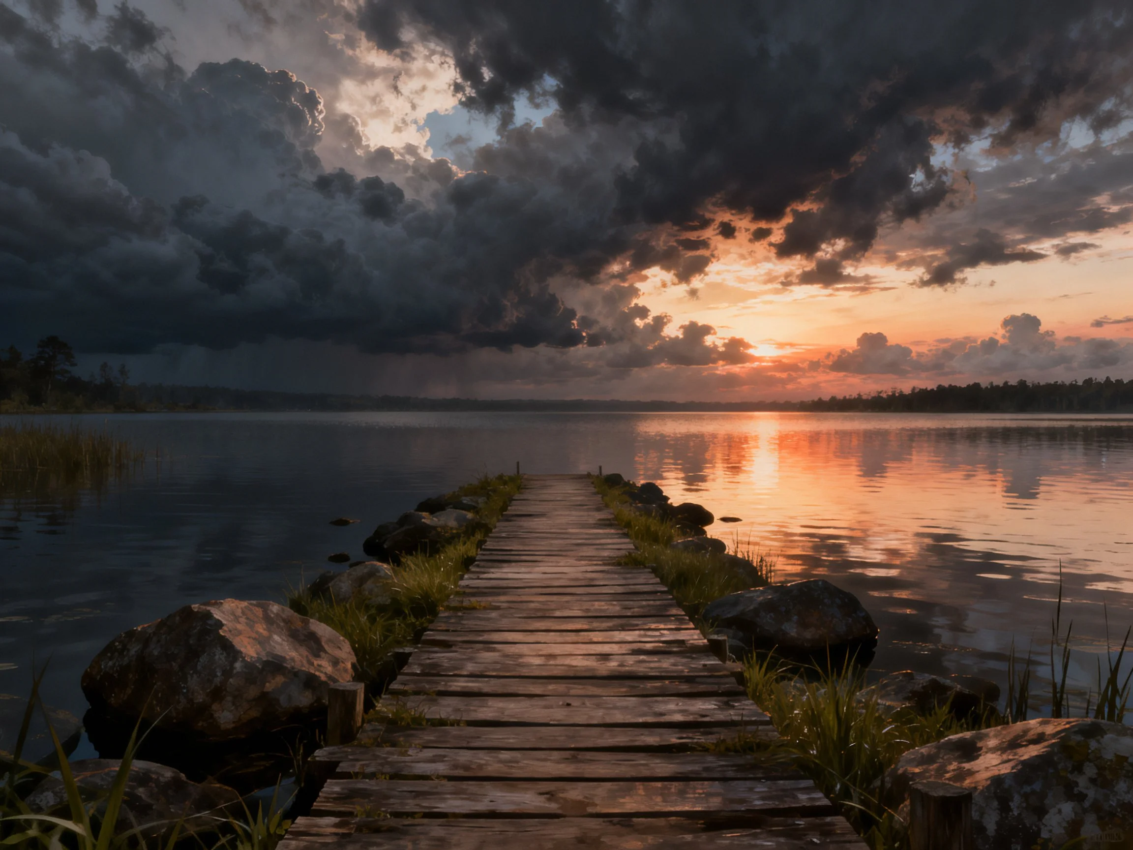 Weathered wooden dock leads into calm lake under dramatic sunset clouds