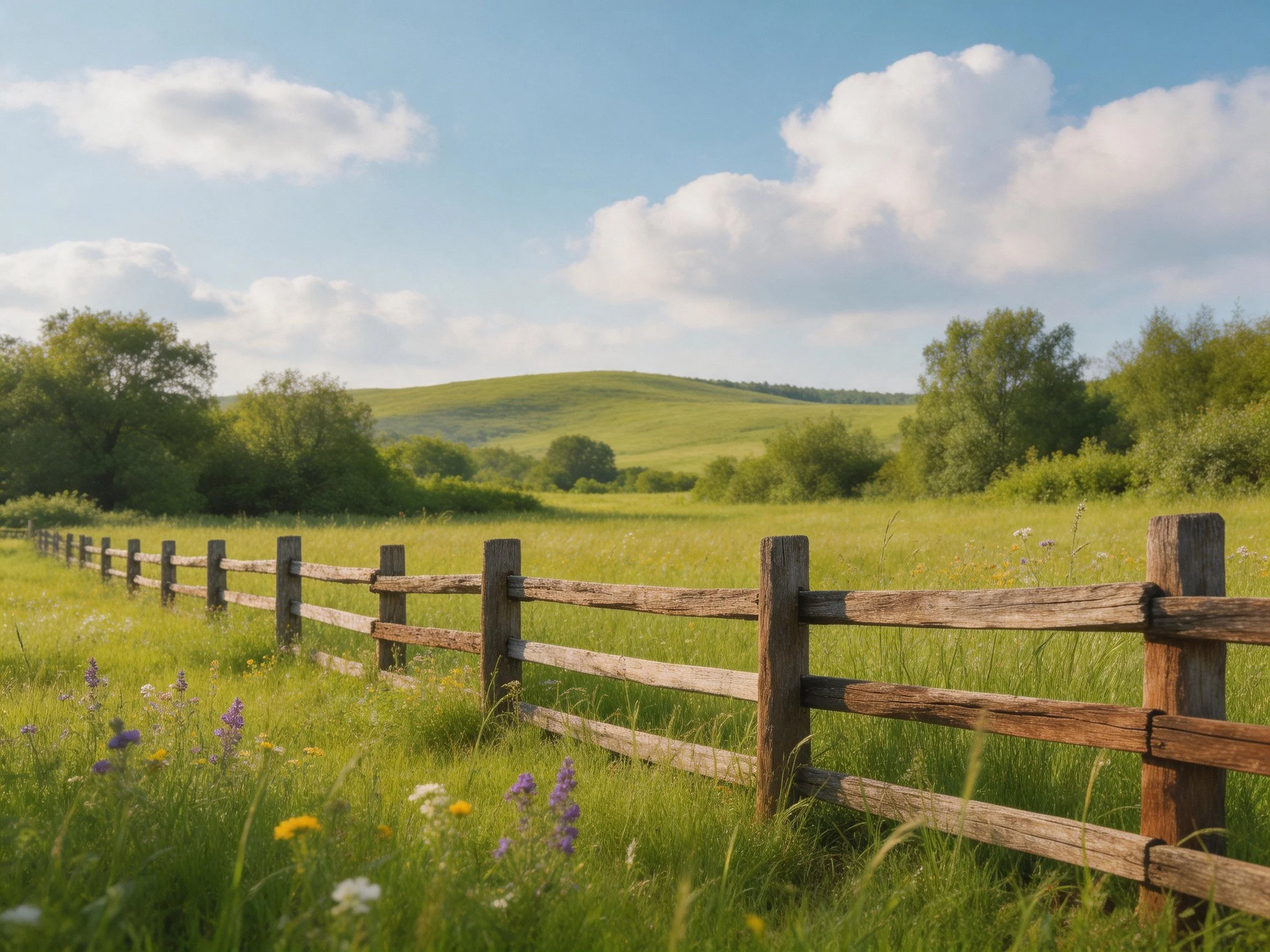 Weathered wooden fence borders a meadow of tall grass and wildflowers near rolling hills.