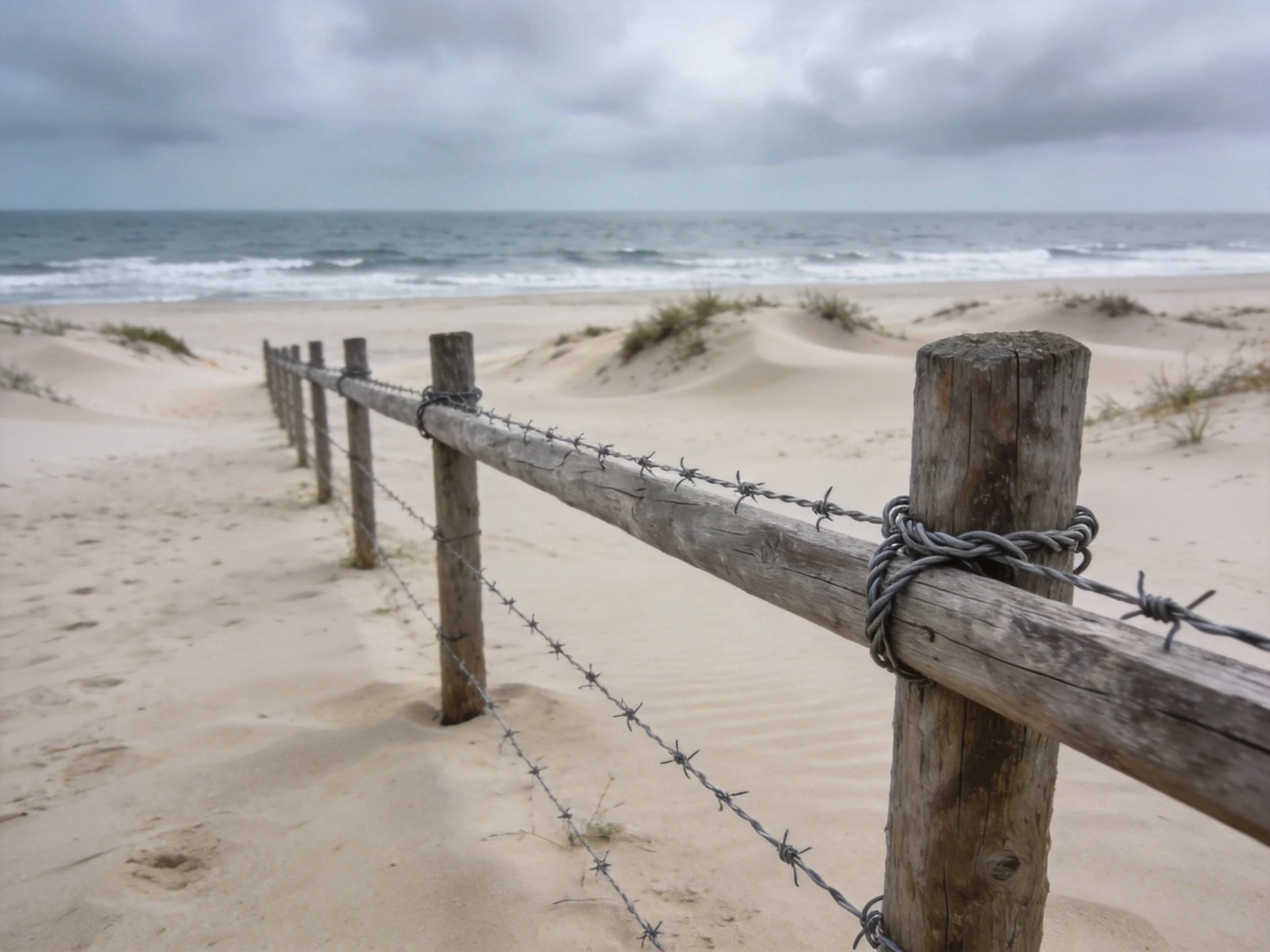 Weathered wooden fence with barbed wire along sandy beach shoreline
