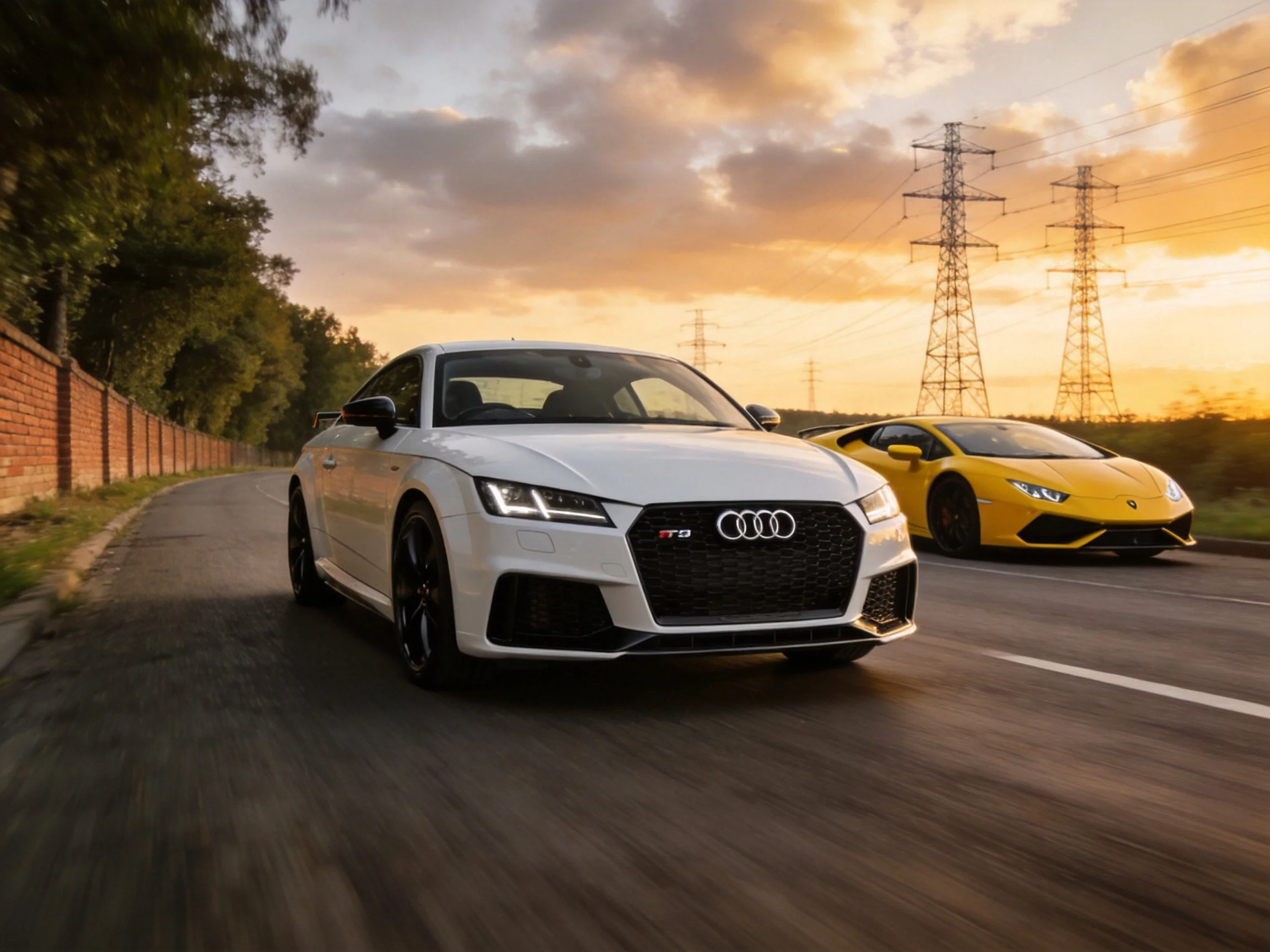 White Audi and yellow Lamborghini drive along a scenic road at sunset