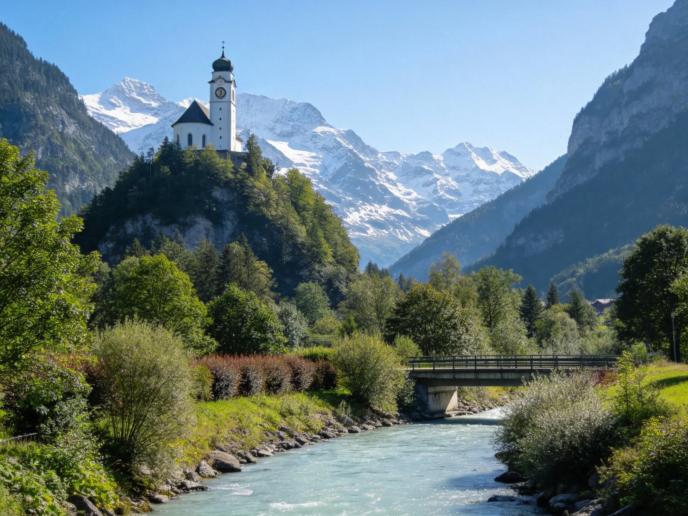 White Church Tower on Lush Hillside Near River and Mountains