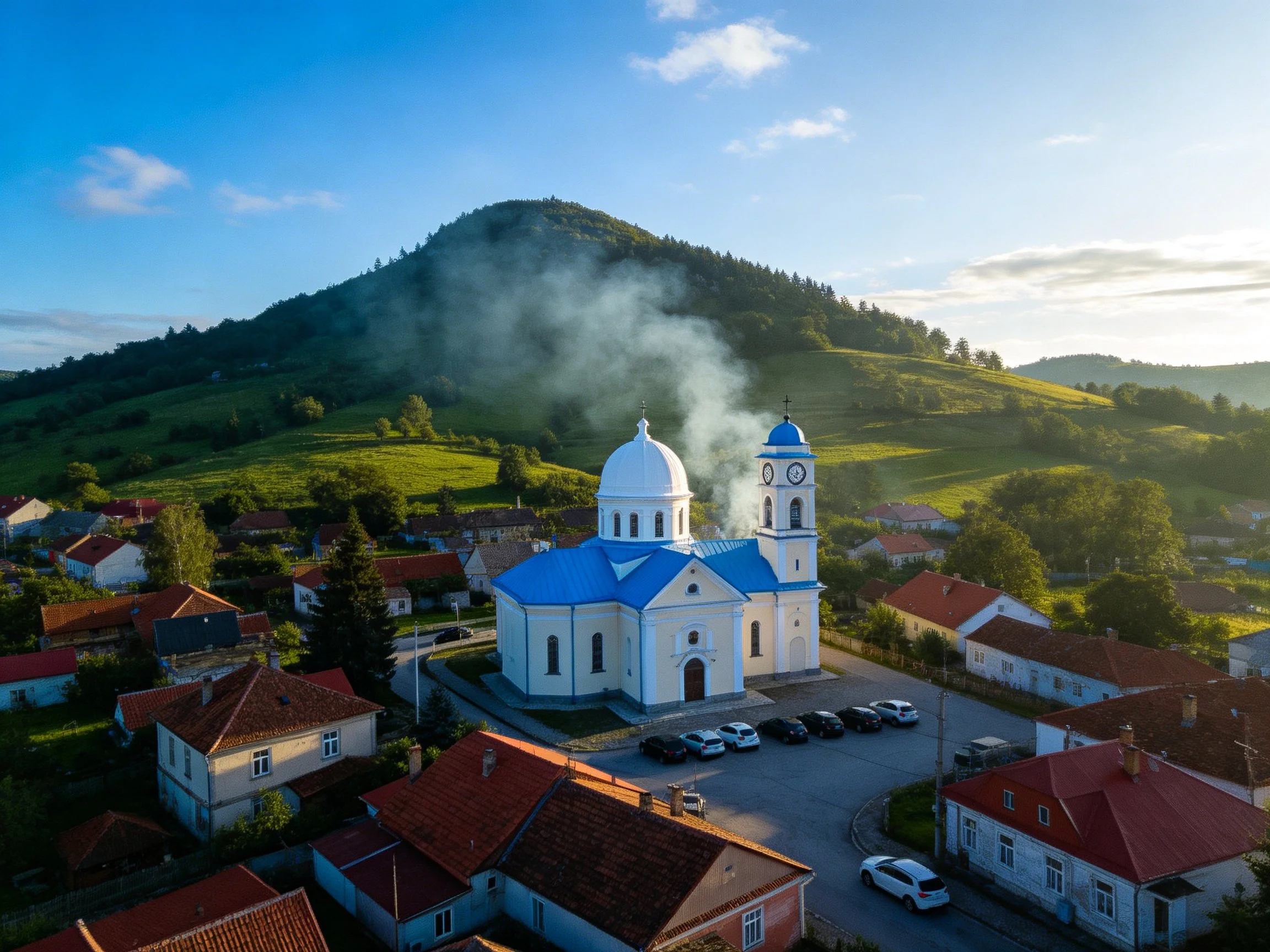 White Church with Blue Domes Near Red-Roofed Village Hills