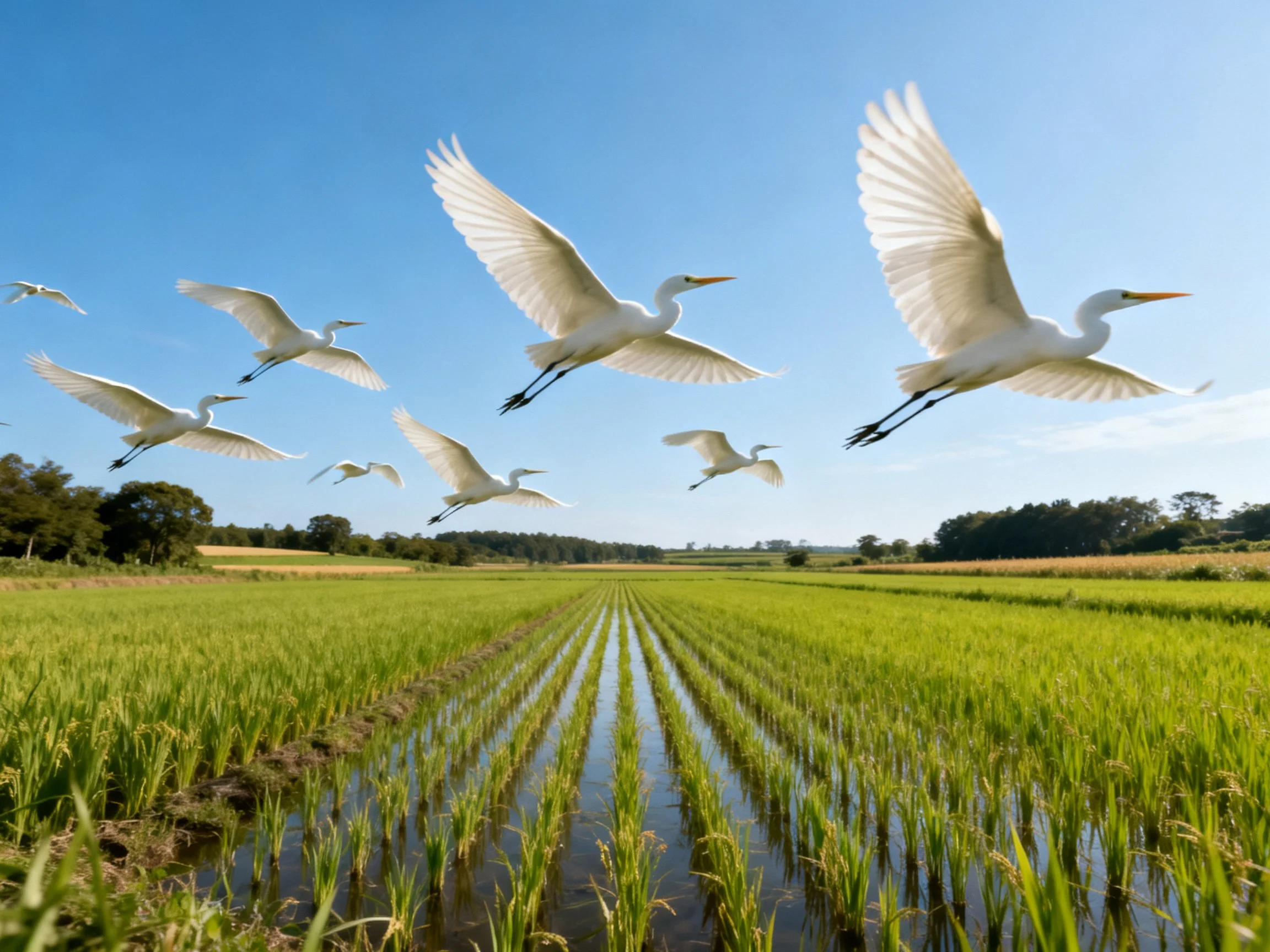 White Egrets Soaring Over Lush Green Rice Fields Under Clear Blue Sky
