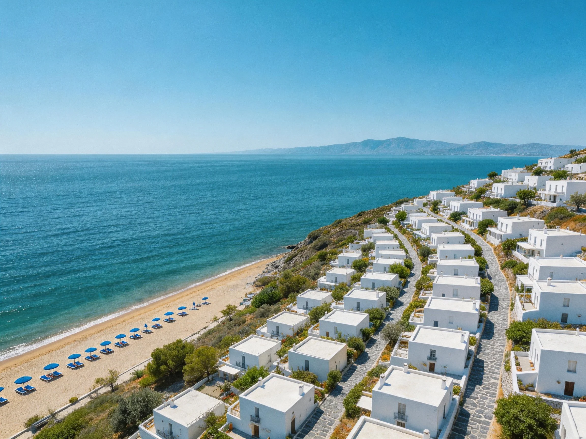 White Villas Along Turquoise Beach with Blue Umbrellas