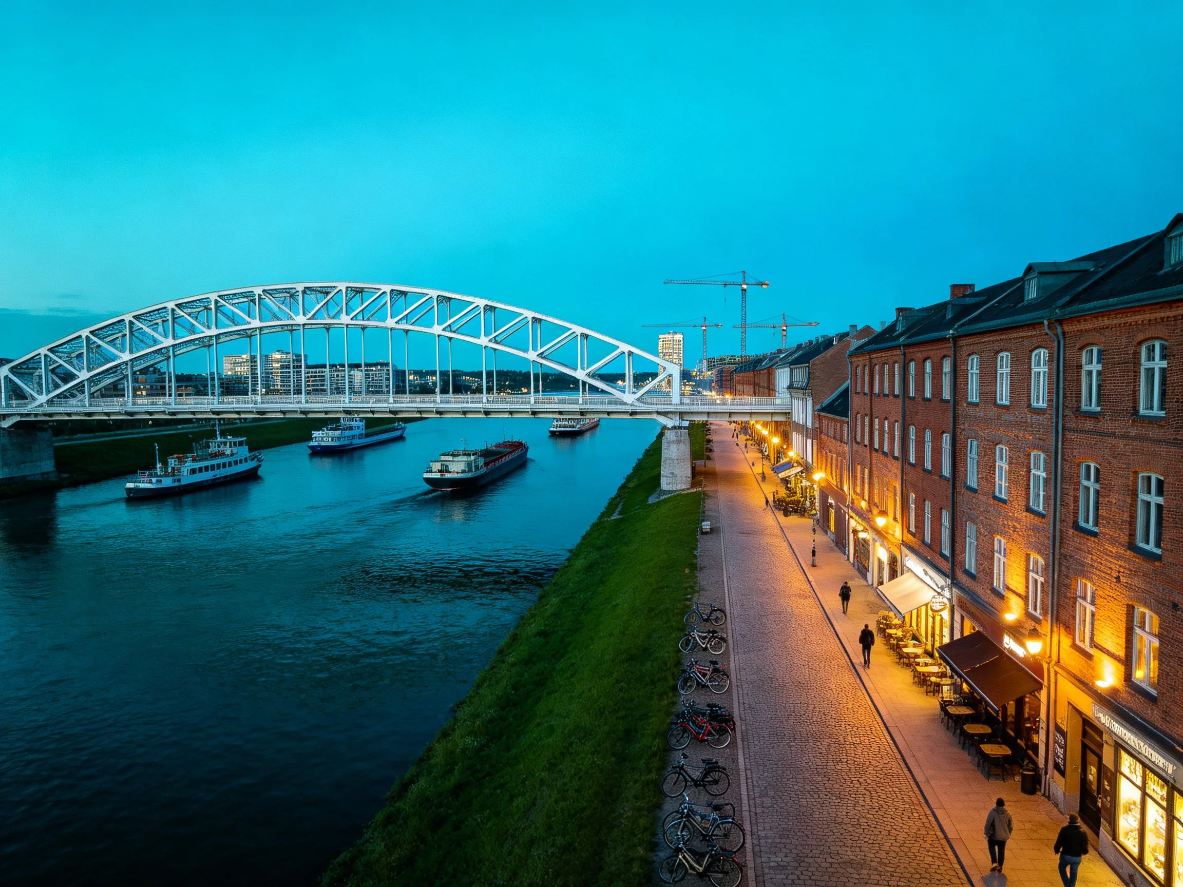 White arched bridge spans calm waterway near lit brick buildings at dusk
