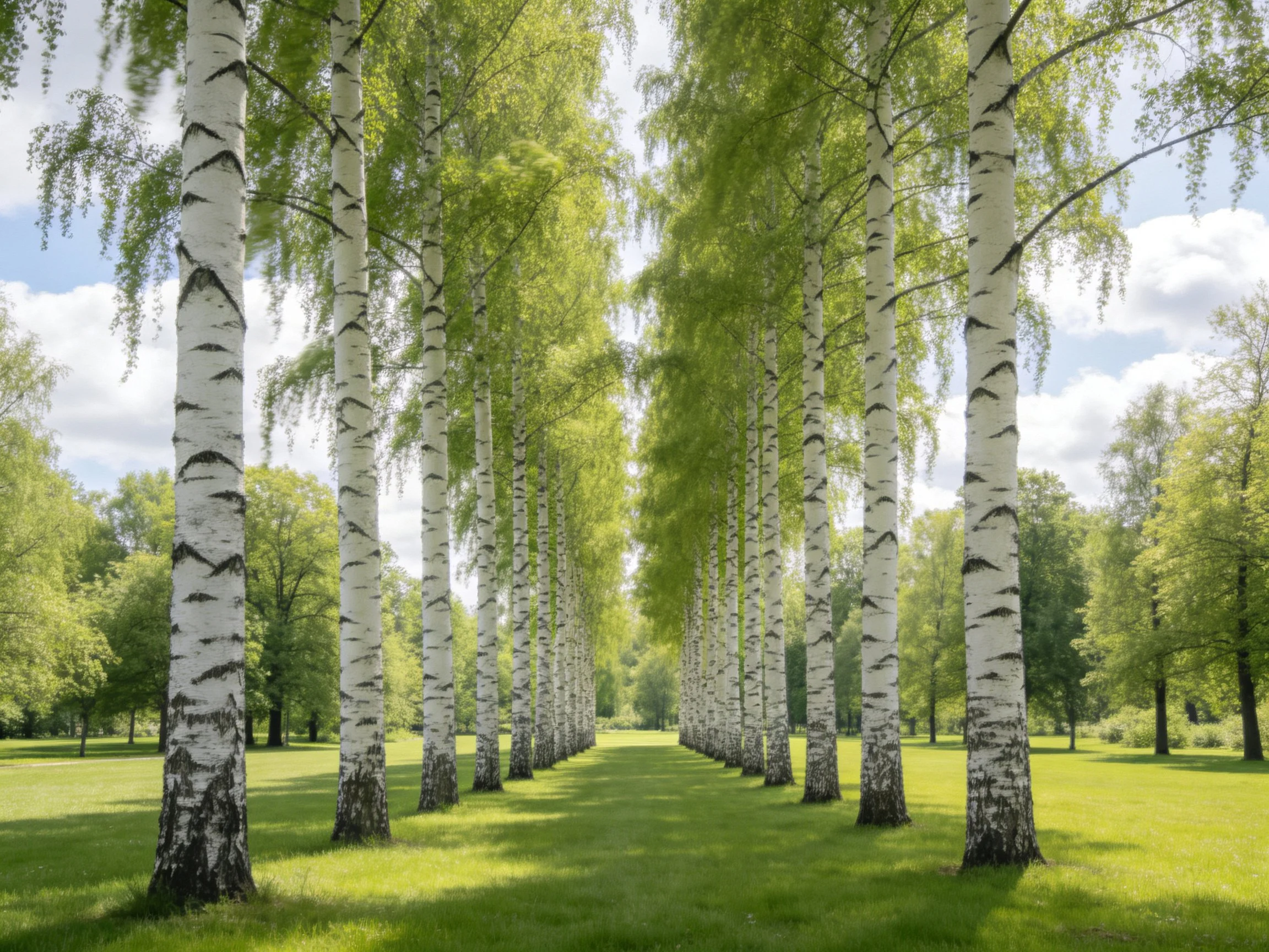 White-barked birches form a sunlit avenue through green grass
