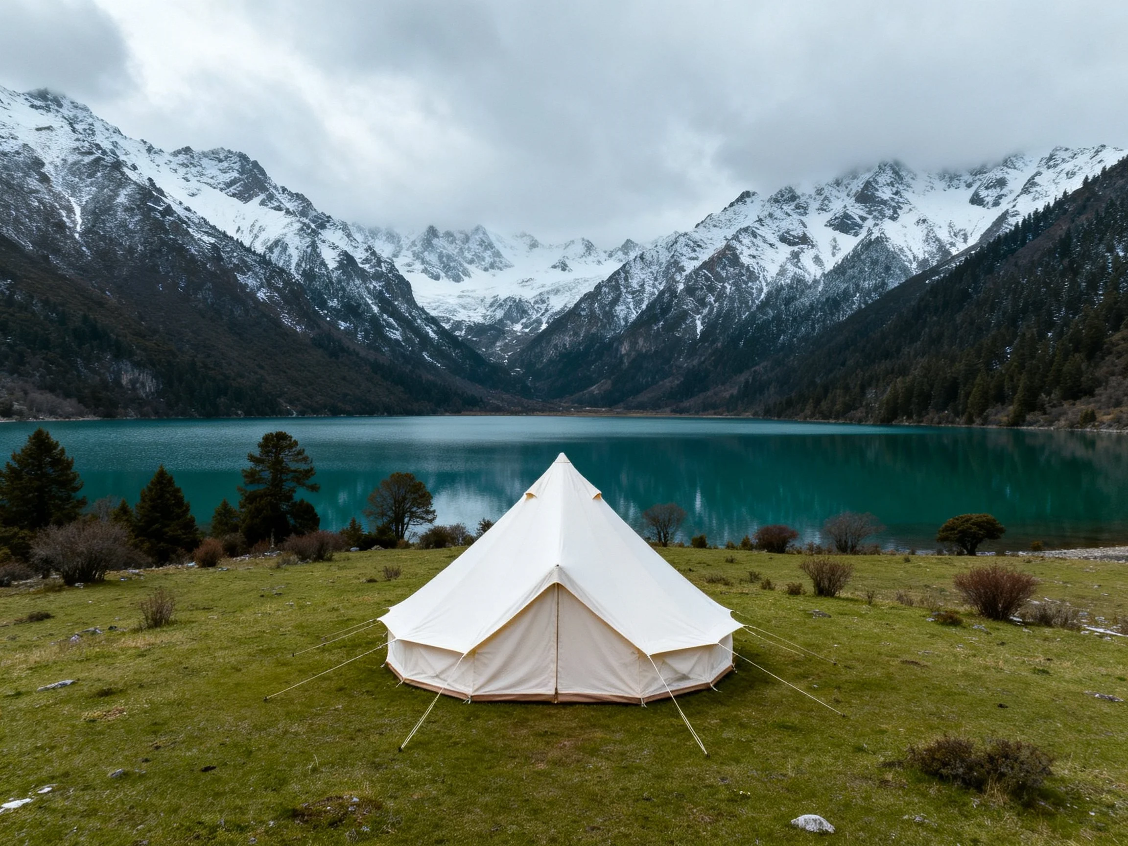 White bell tent by turquoise lake with snow - capped mountains