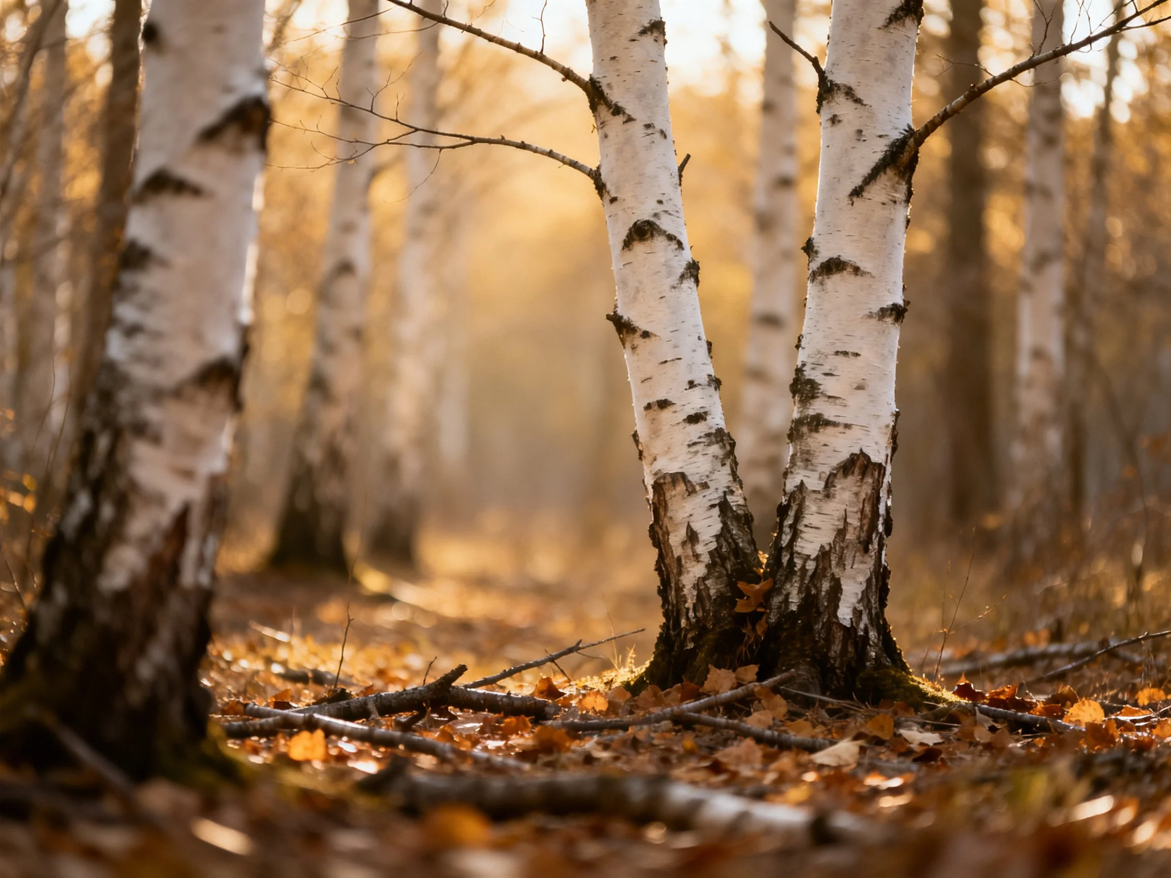 White birch trees stand among golden autumn foliage in sunlit forest