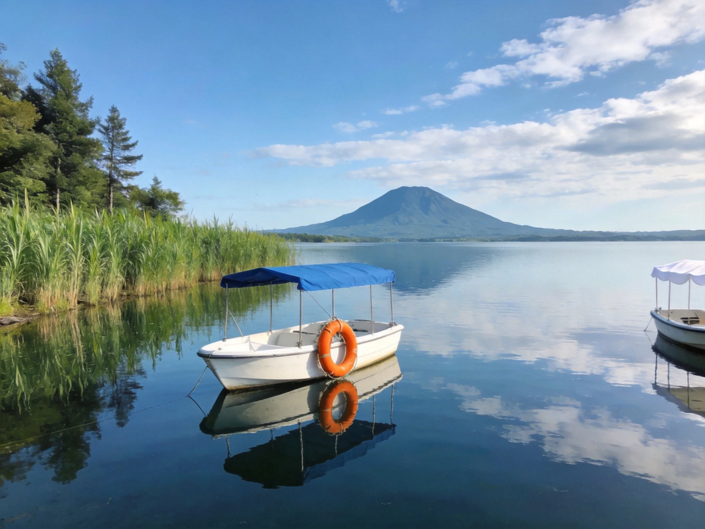 White boat with blue canopy floats on calm blue water near tall reeds with distant volcano