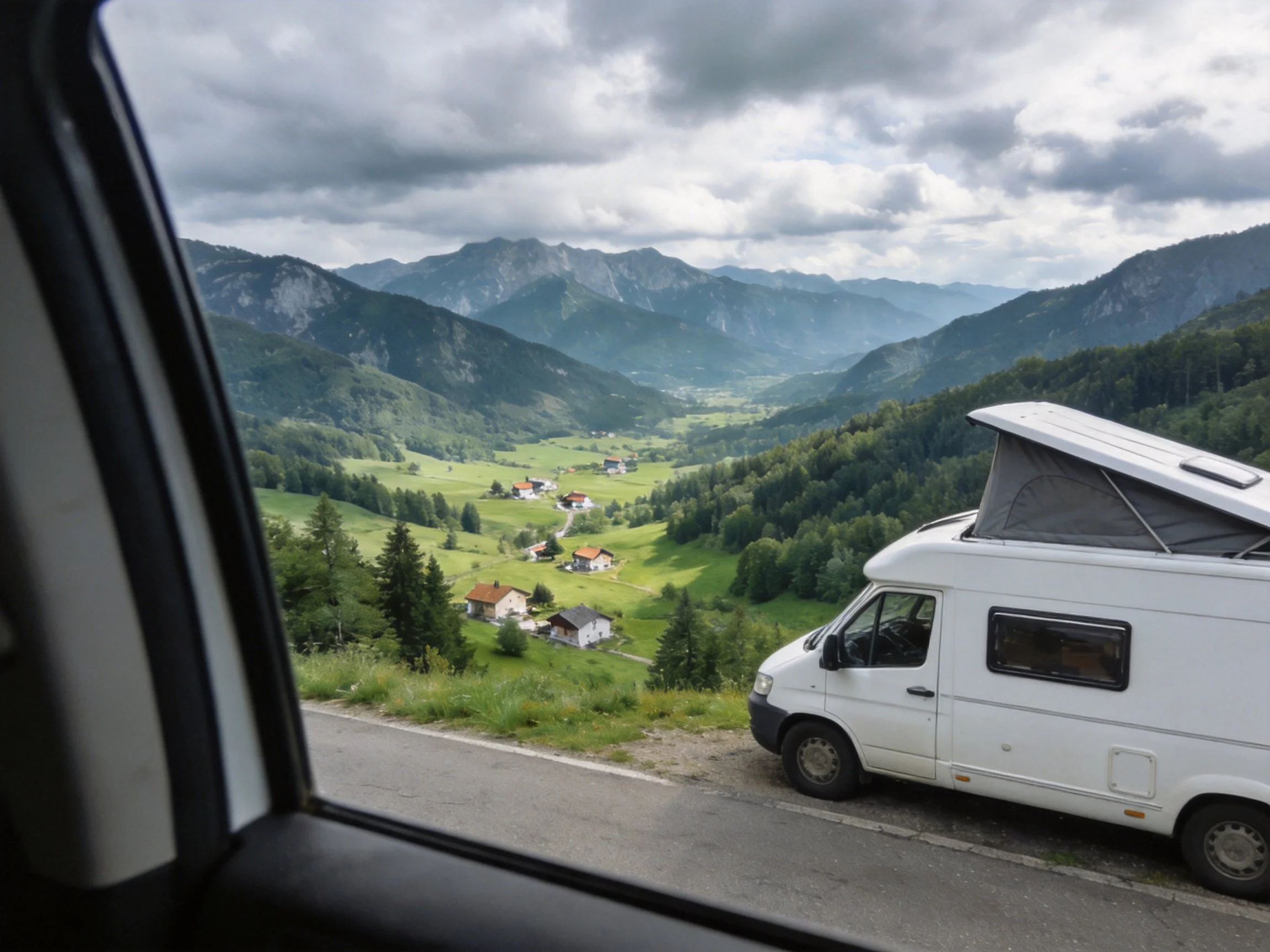 White camper van parked by mountainous valley with lush greenery and scattered homes.