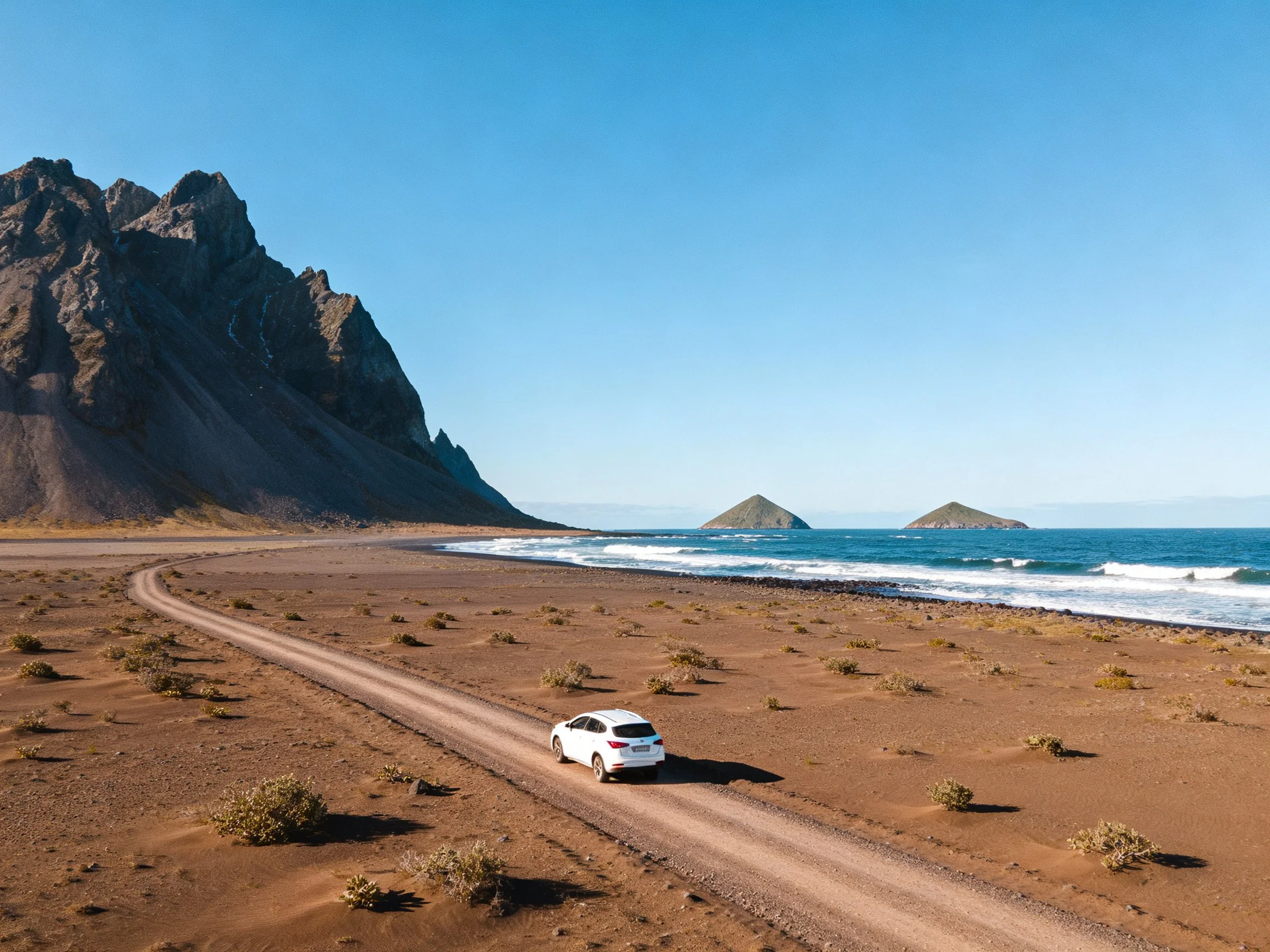 White car travels on sandy coastal road near rocky cliffs