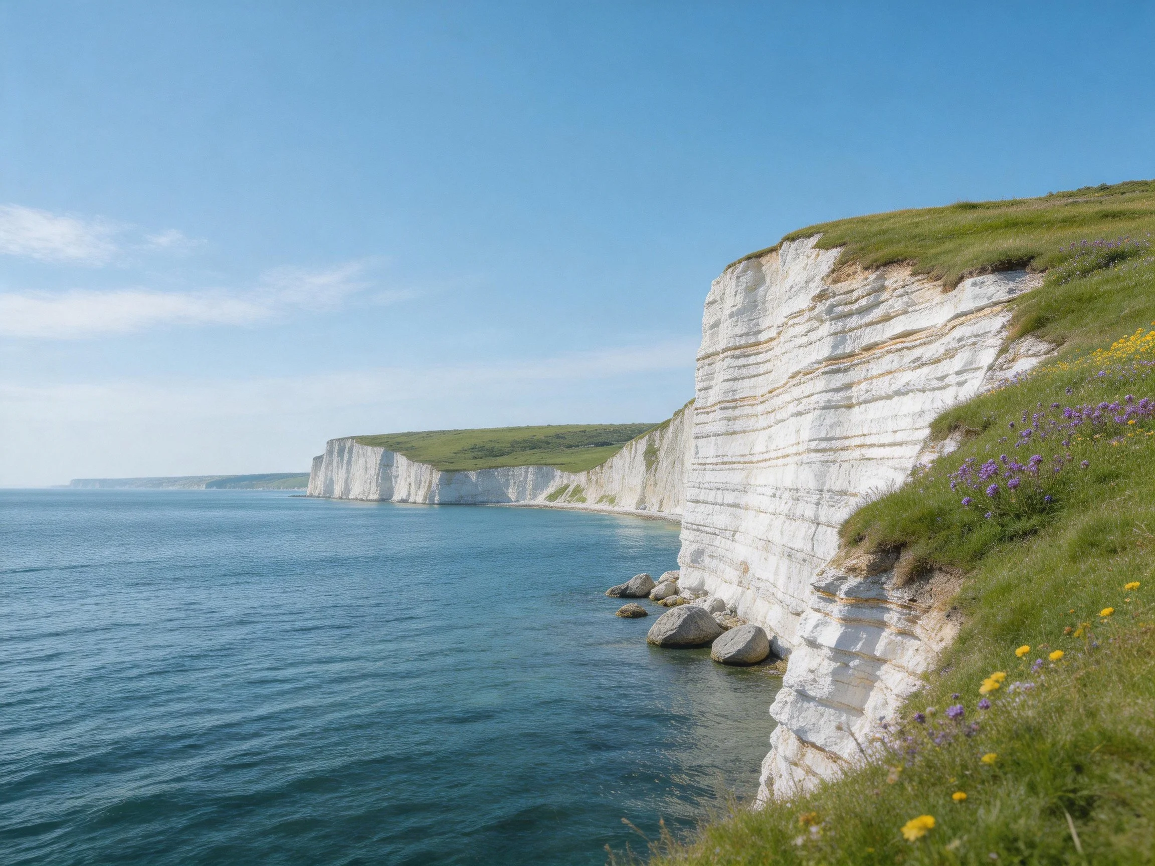 White chalk cliffs by calm blue sea with green grass and wildflowers