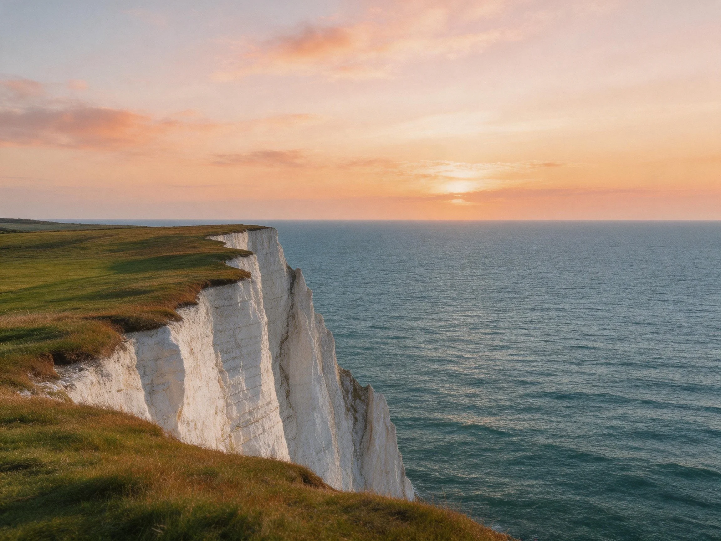 White chalk cliffs overlooking calm blue ocean at sunset