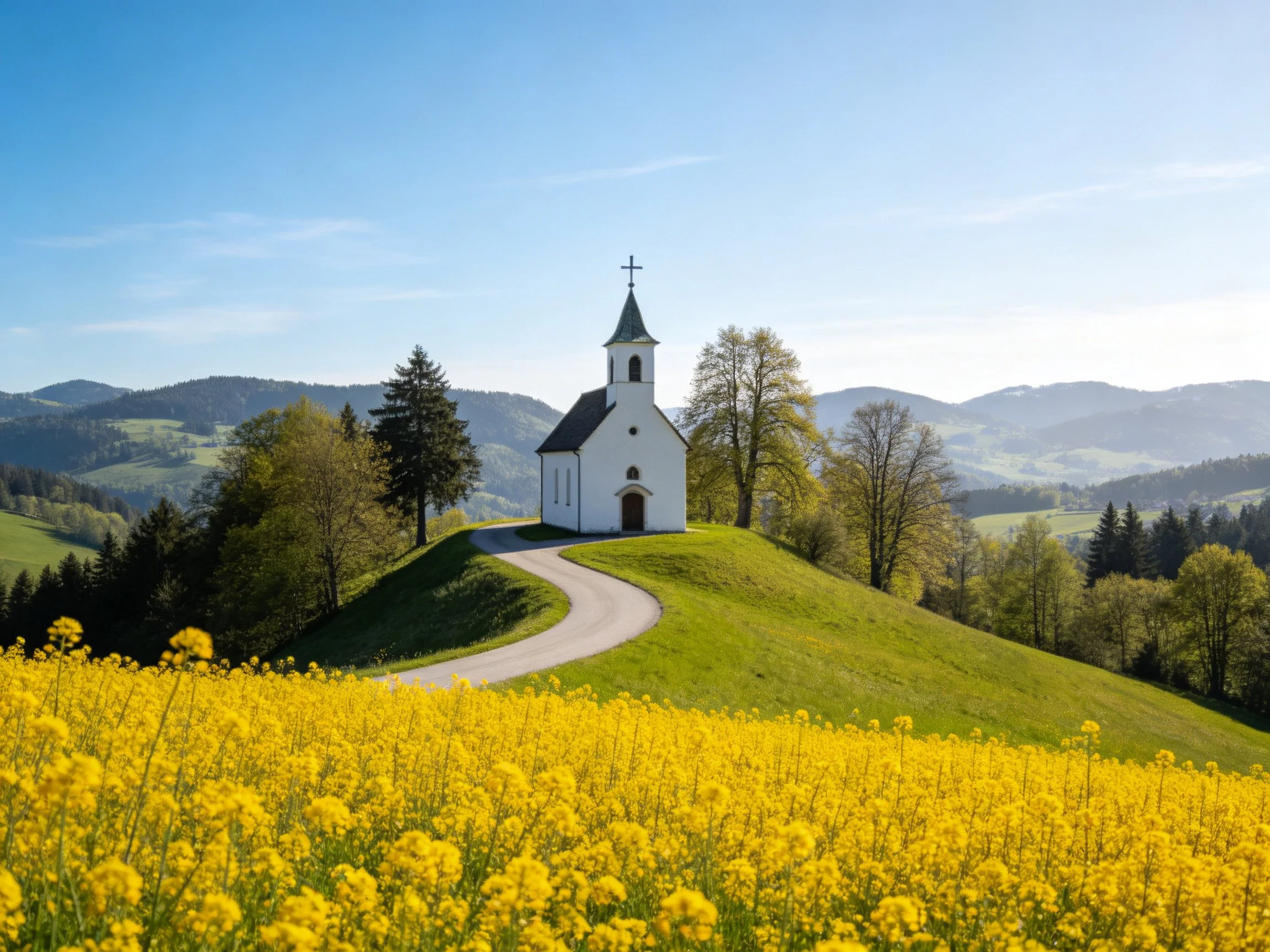 White chapel atop hill with yellow flower field