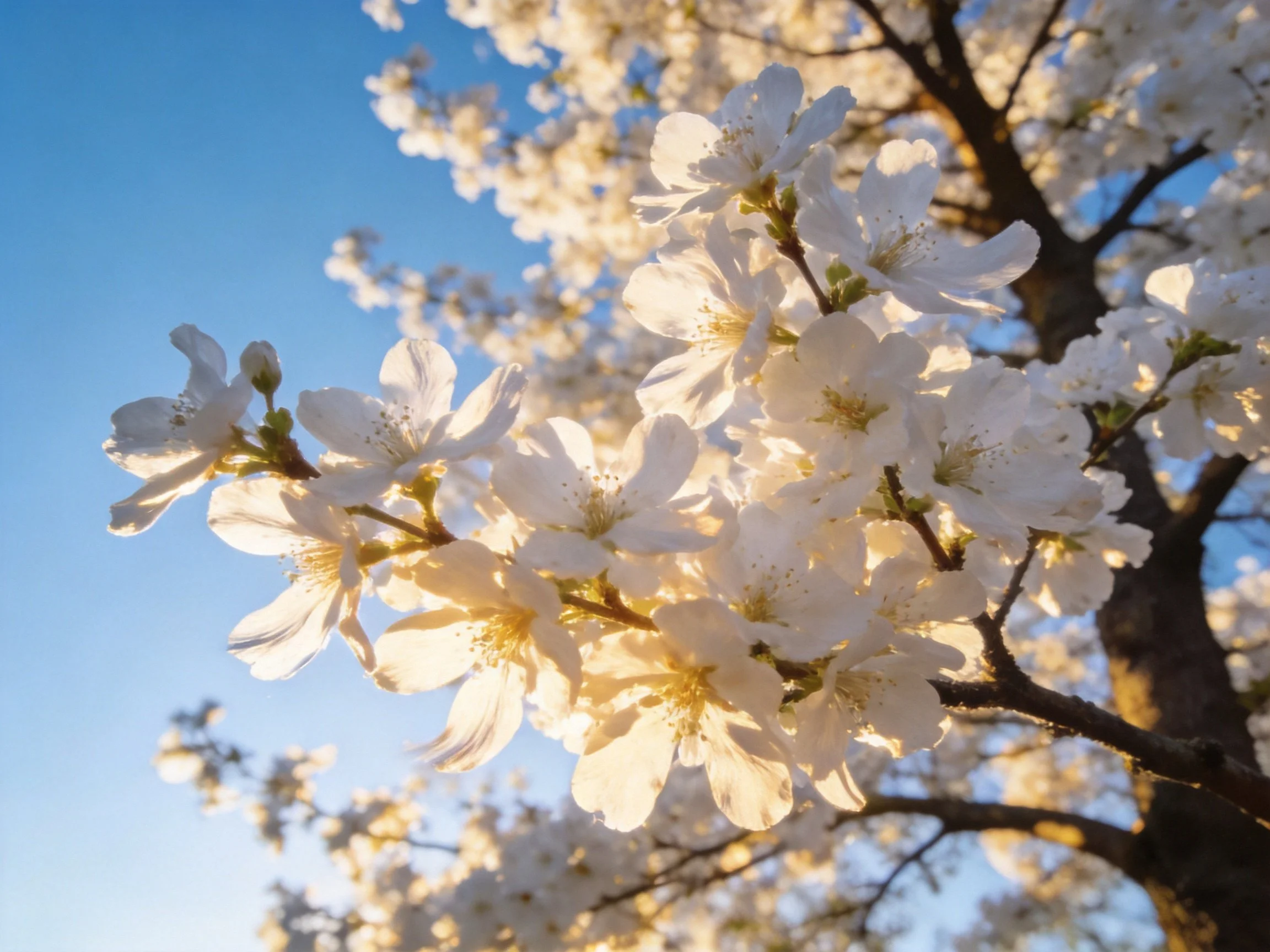 White cherry blossoms illuminated by golden sunlight