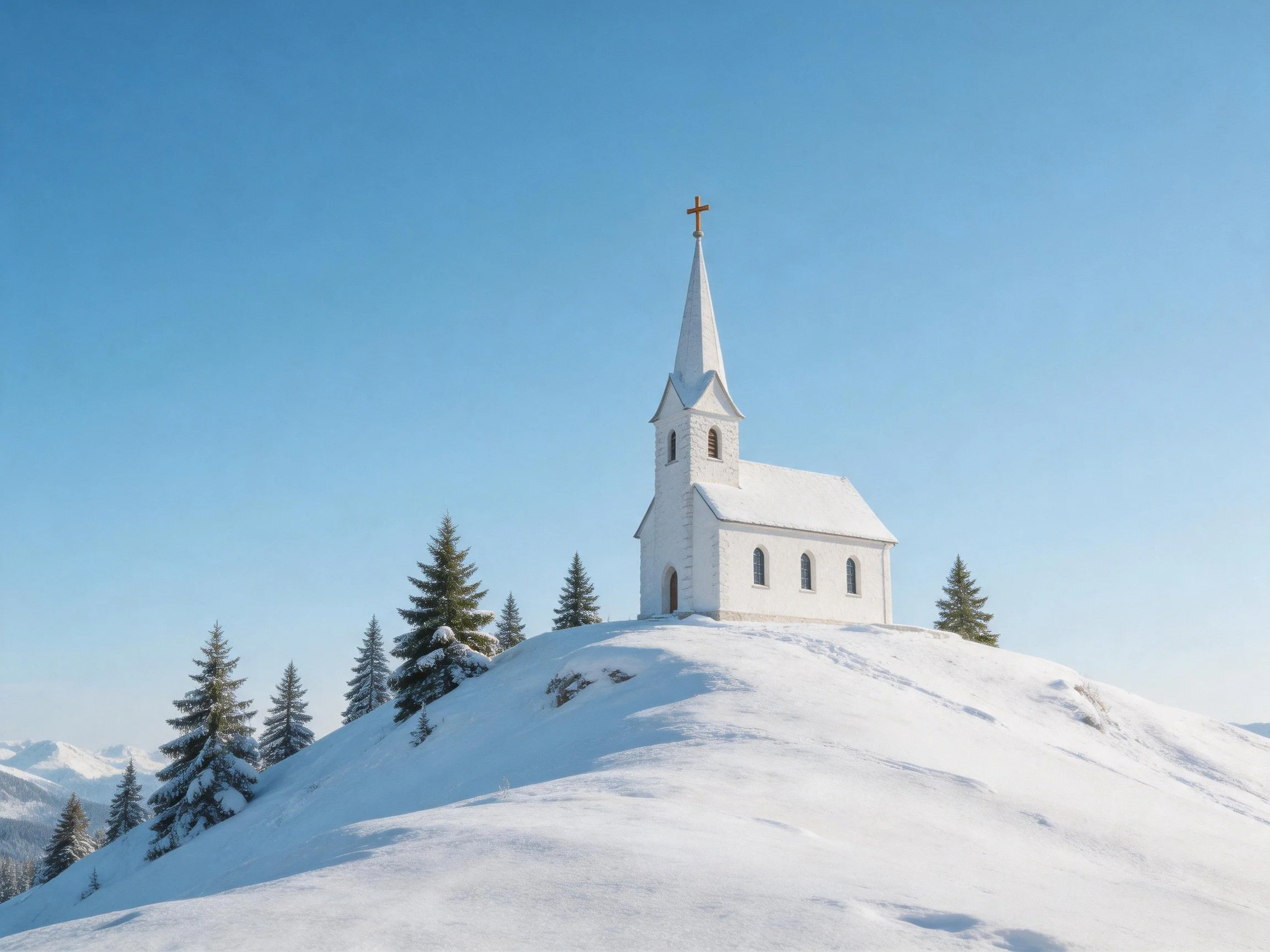 White church atop snow - covered hill with evergreen trees