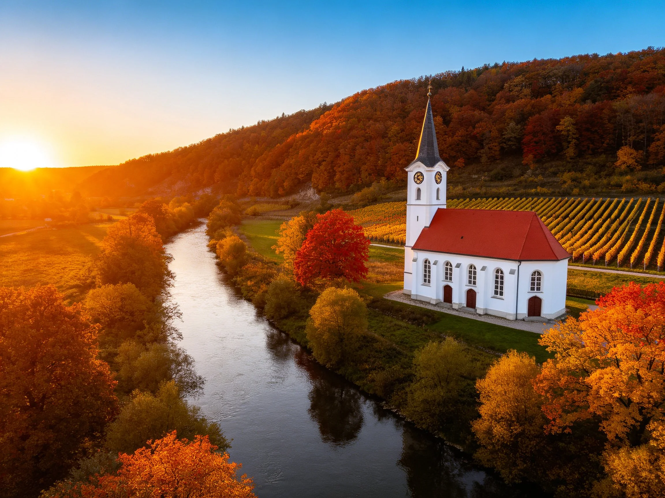 White church by winding river in vibrant autumn countryside