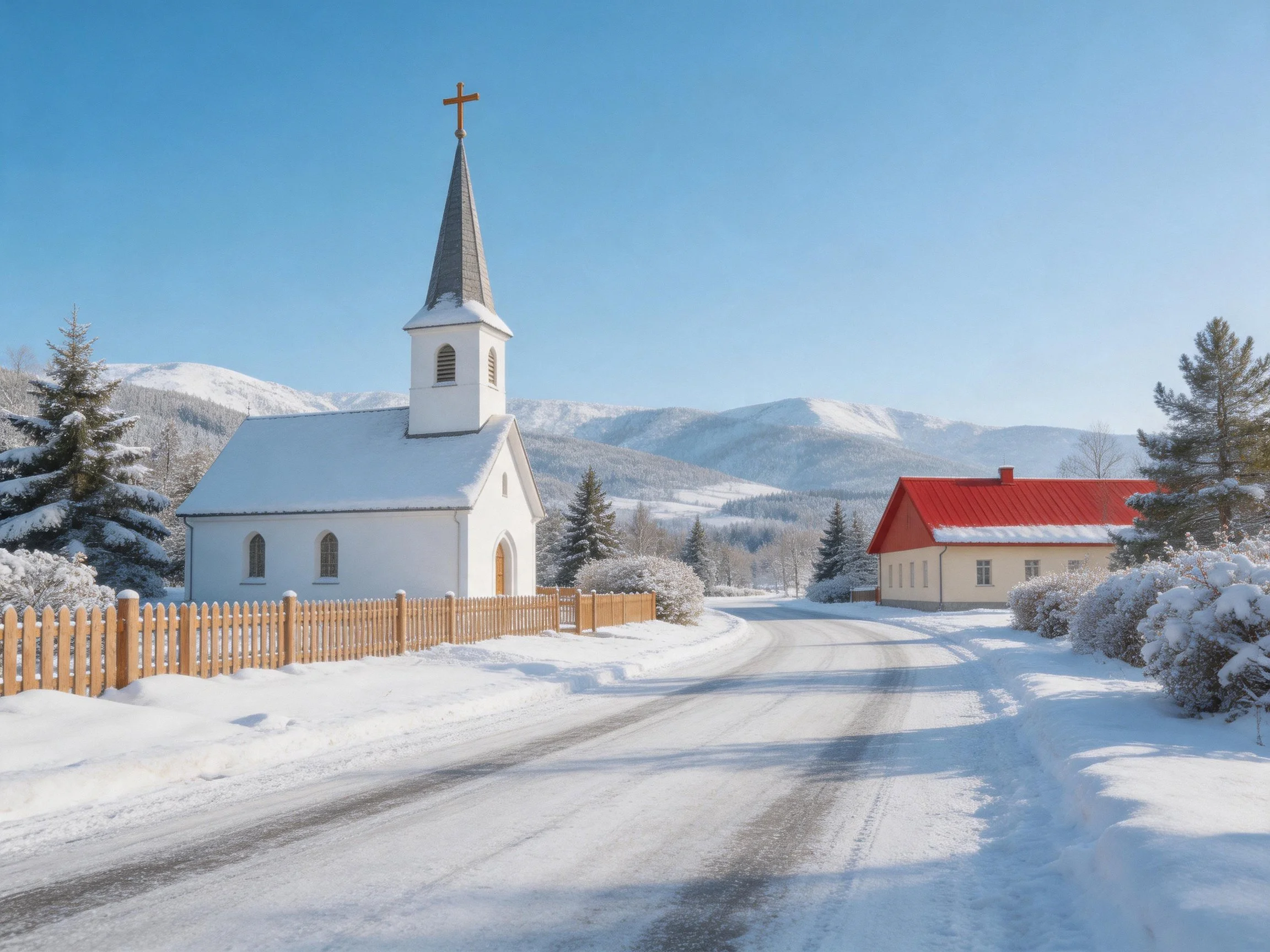 White church with steeple near red-roofed house in snowy mountain setting