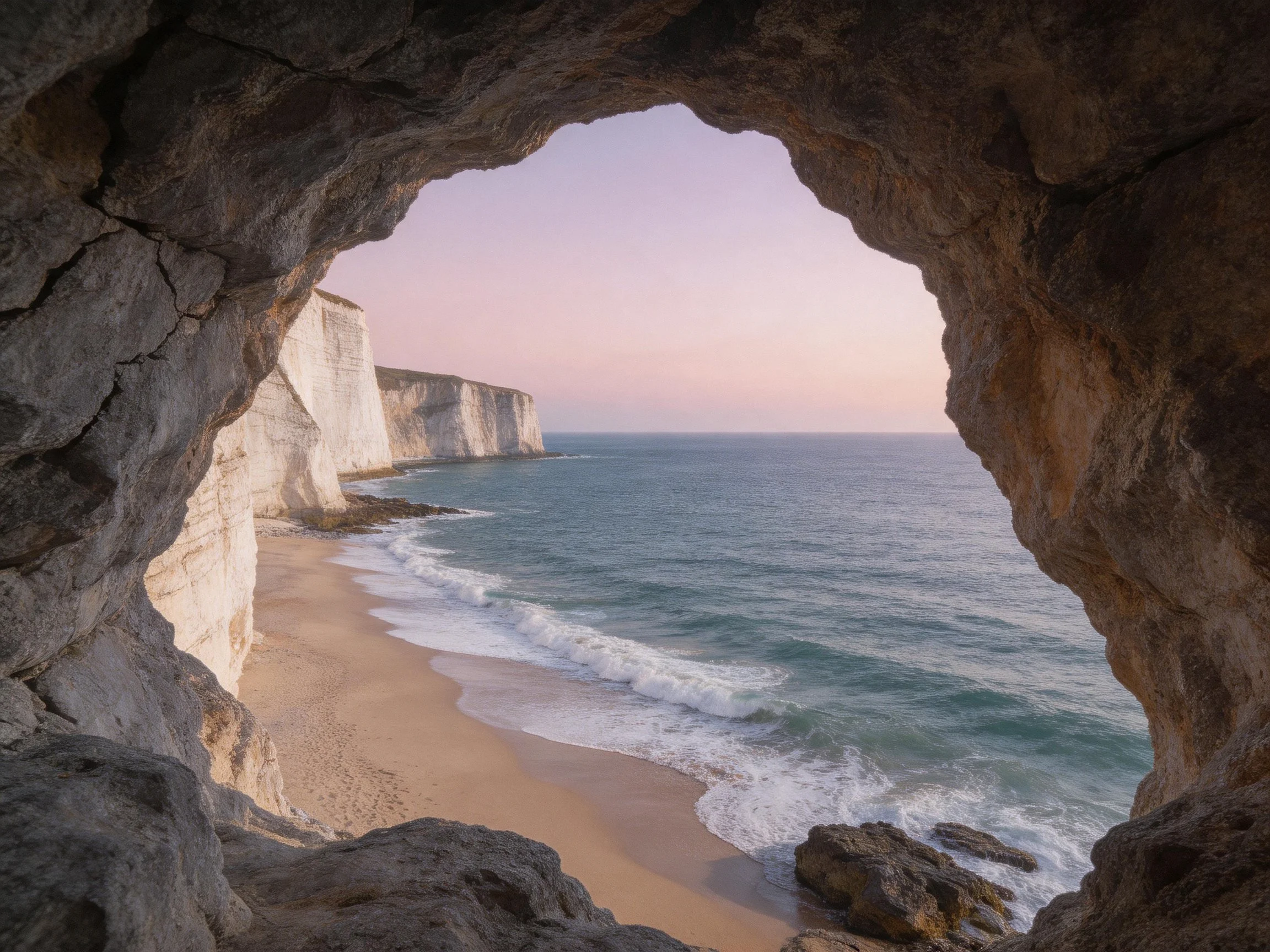 White cliffs and ocean viewed through rocky cave opening
