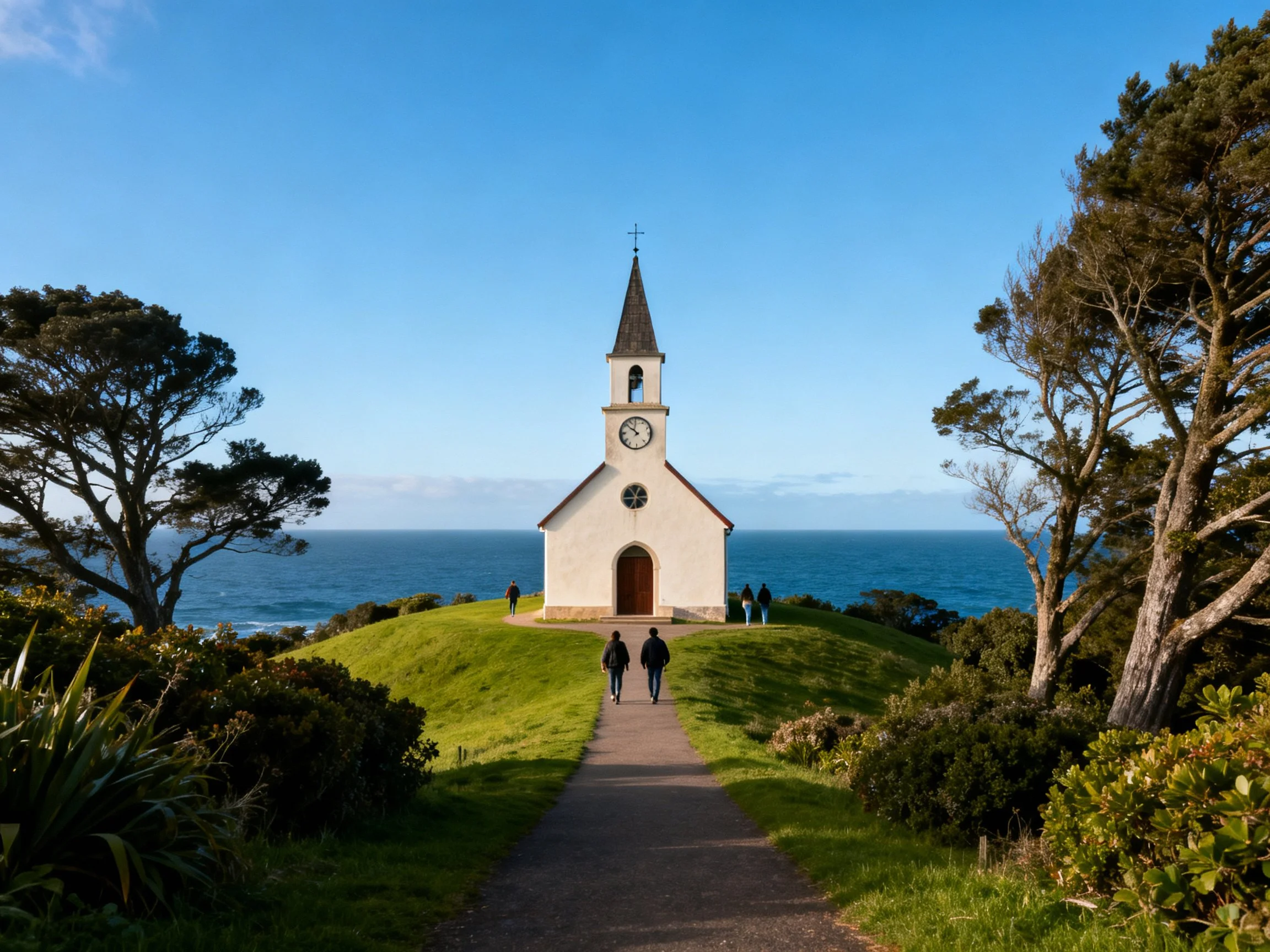 White coastal chapel with clock tower on grassy hillside