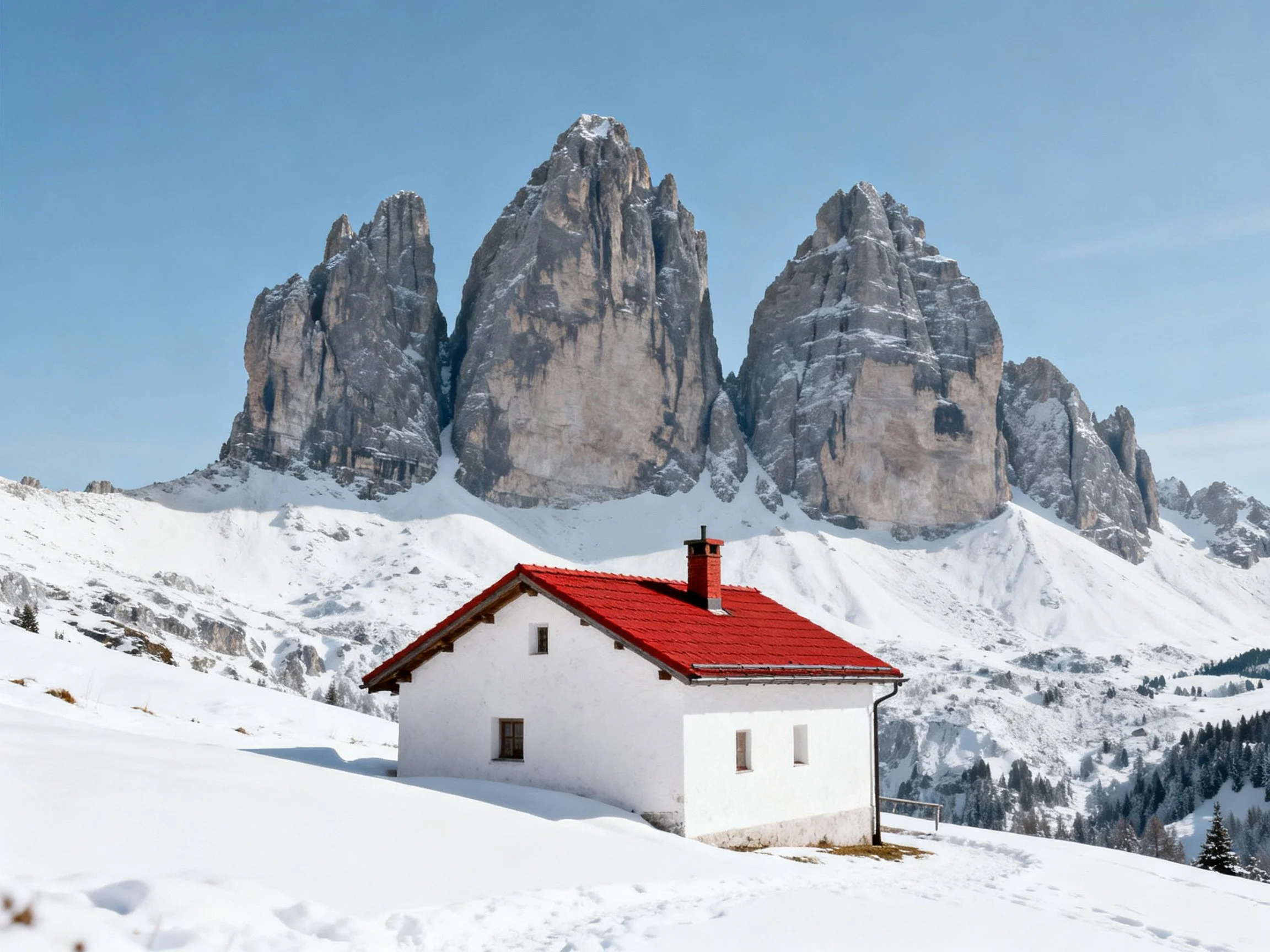 White cottage with red roof amid snowy mountainous terrain