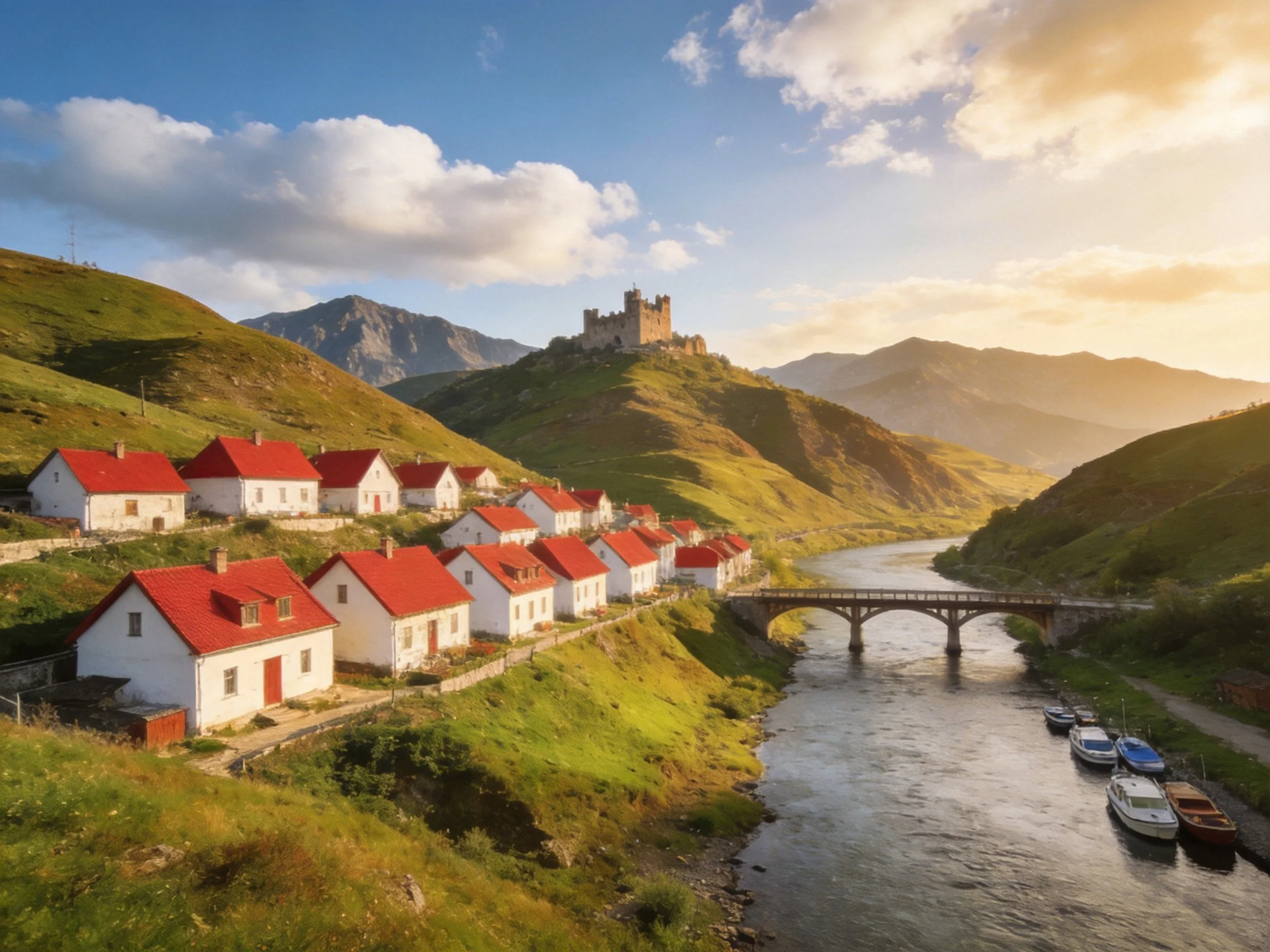 White cottages with red roofs near a river and ancient castle