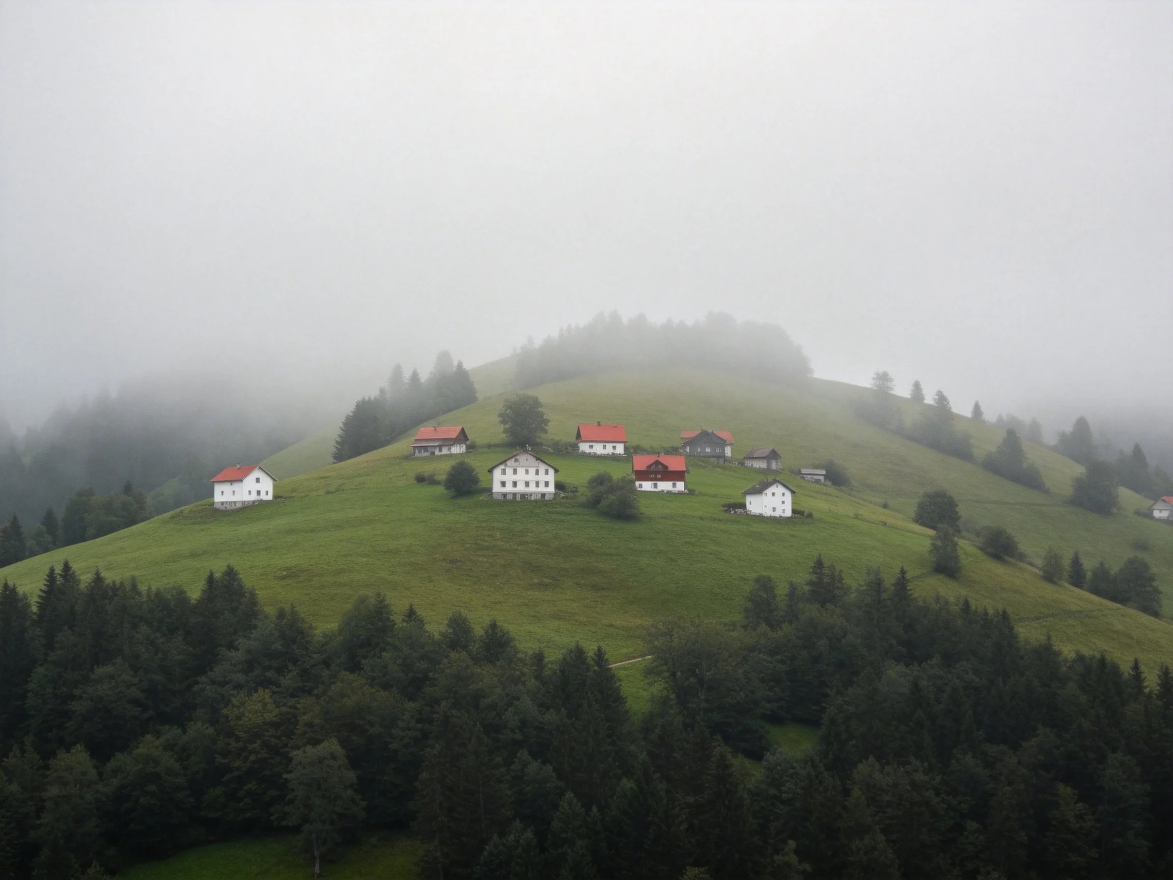 White cottages with red roofs on misty green hillside