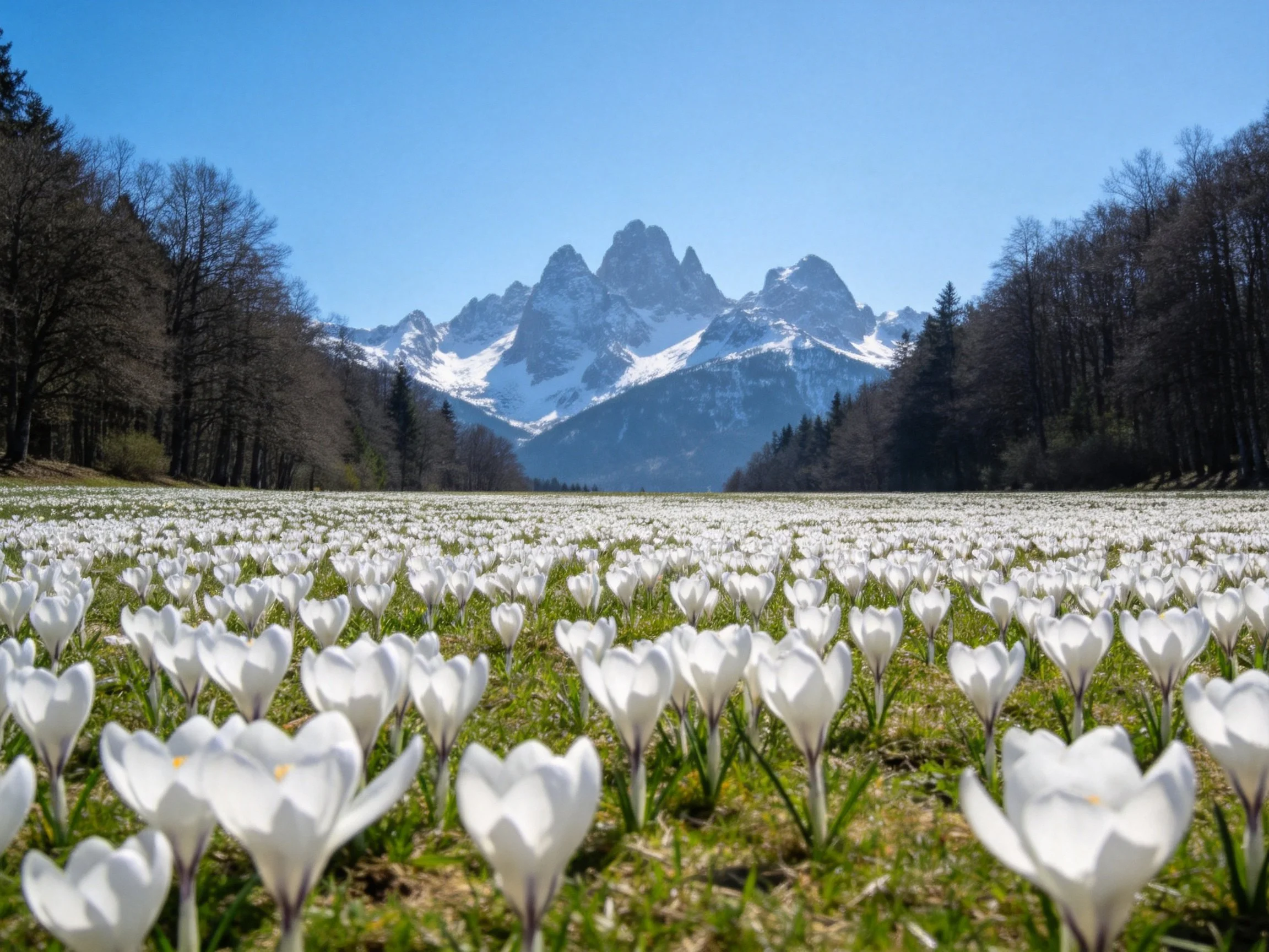 White crocus field with majestic snow-capped mountain range