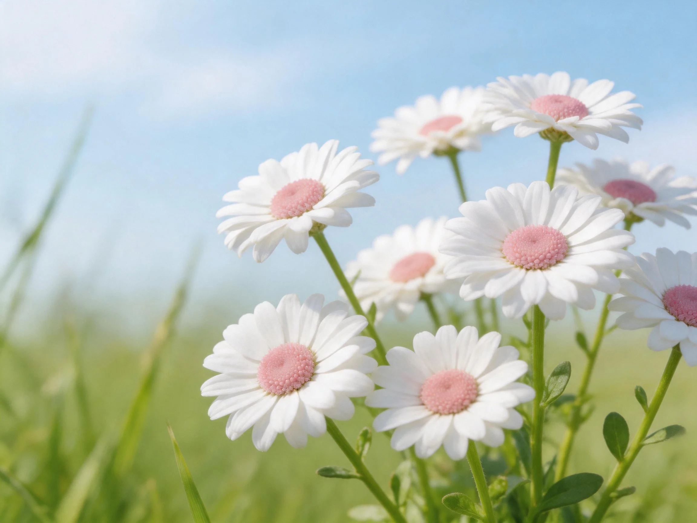 White daisies with pink centers among green stems under bright blue sky