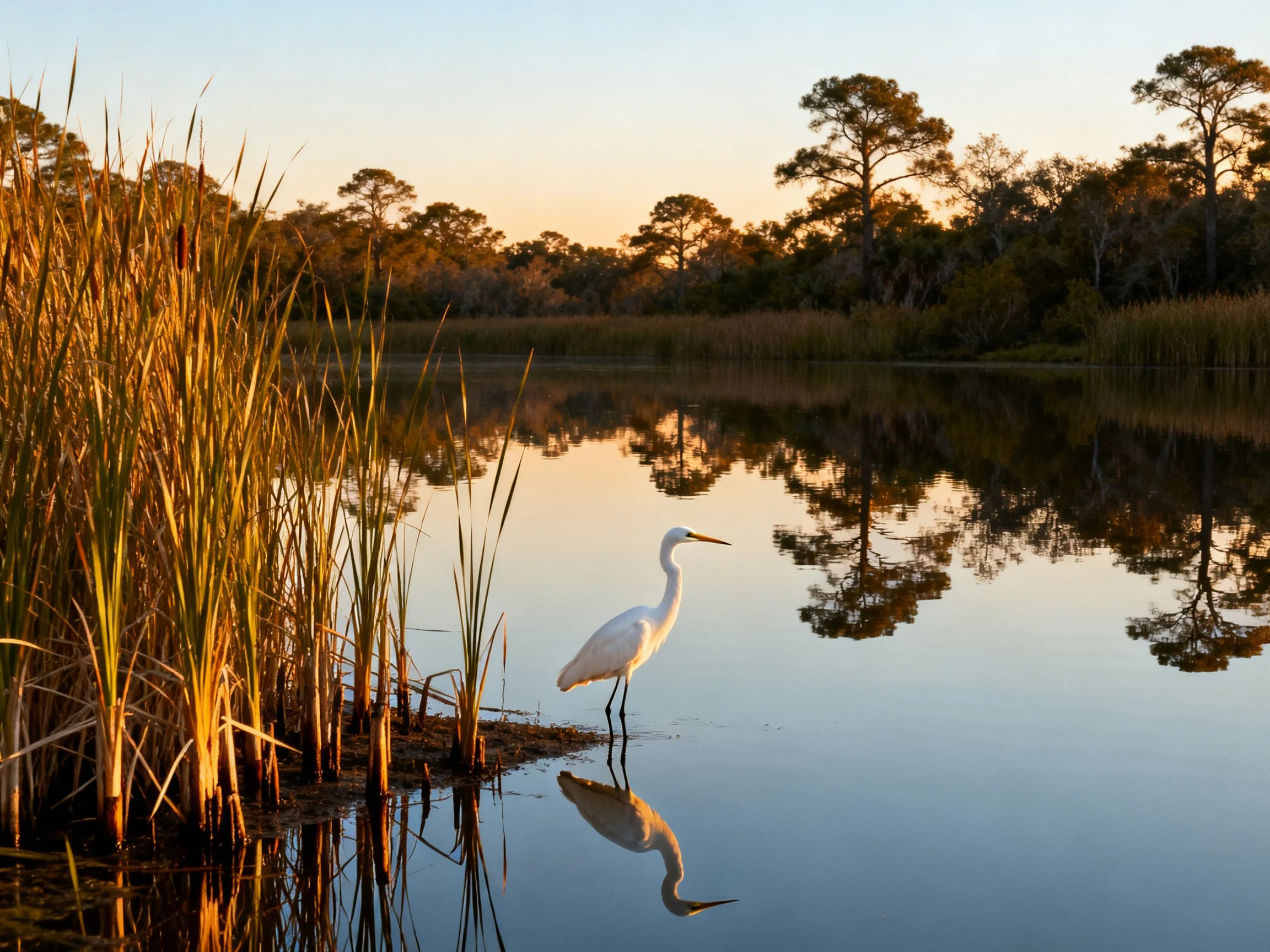 White egret by golden reeds in a reflective wetland