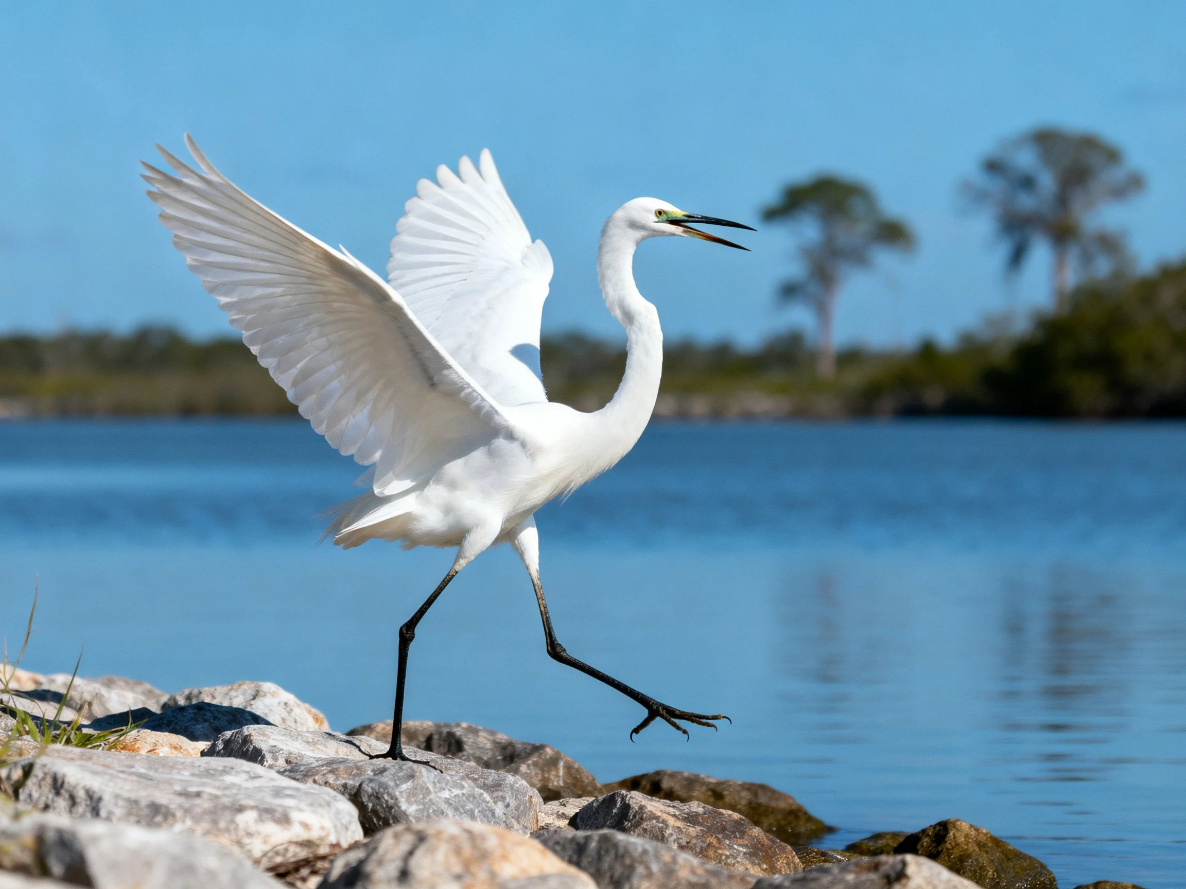 White egret spreads wings on rocky shore by calm blue water