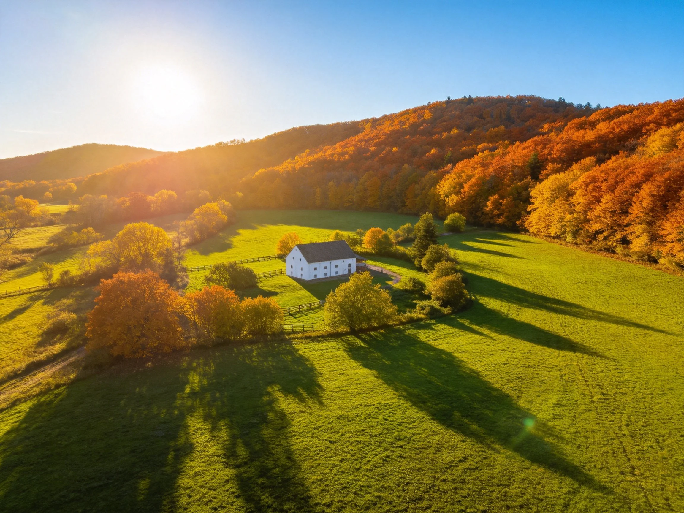 White farmhouse in autumnal green meadow with forested hills