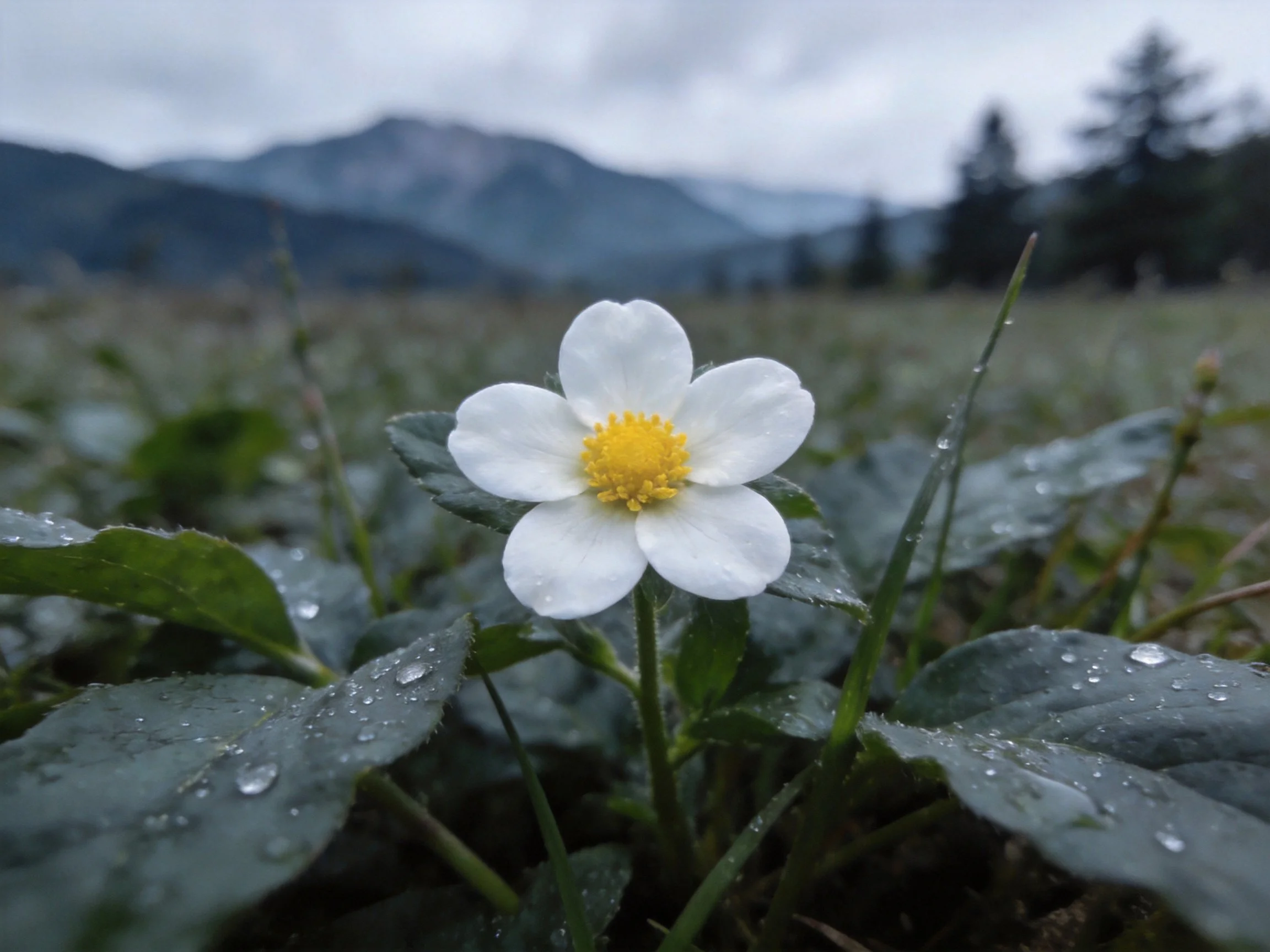 White flower with yellow center amid dewy greenery near mountains