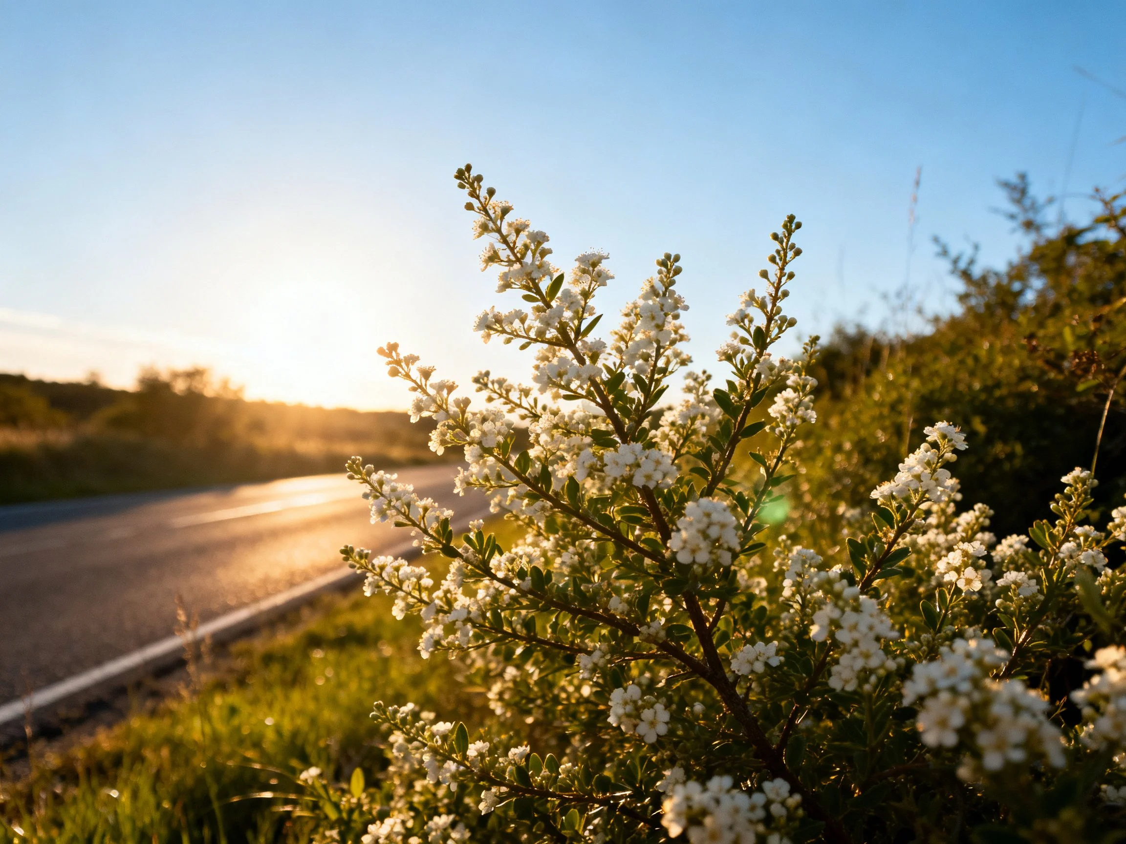 White-flowered bush beside a sunlit roadside at golden hour