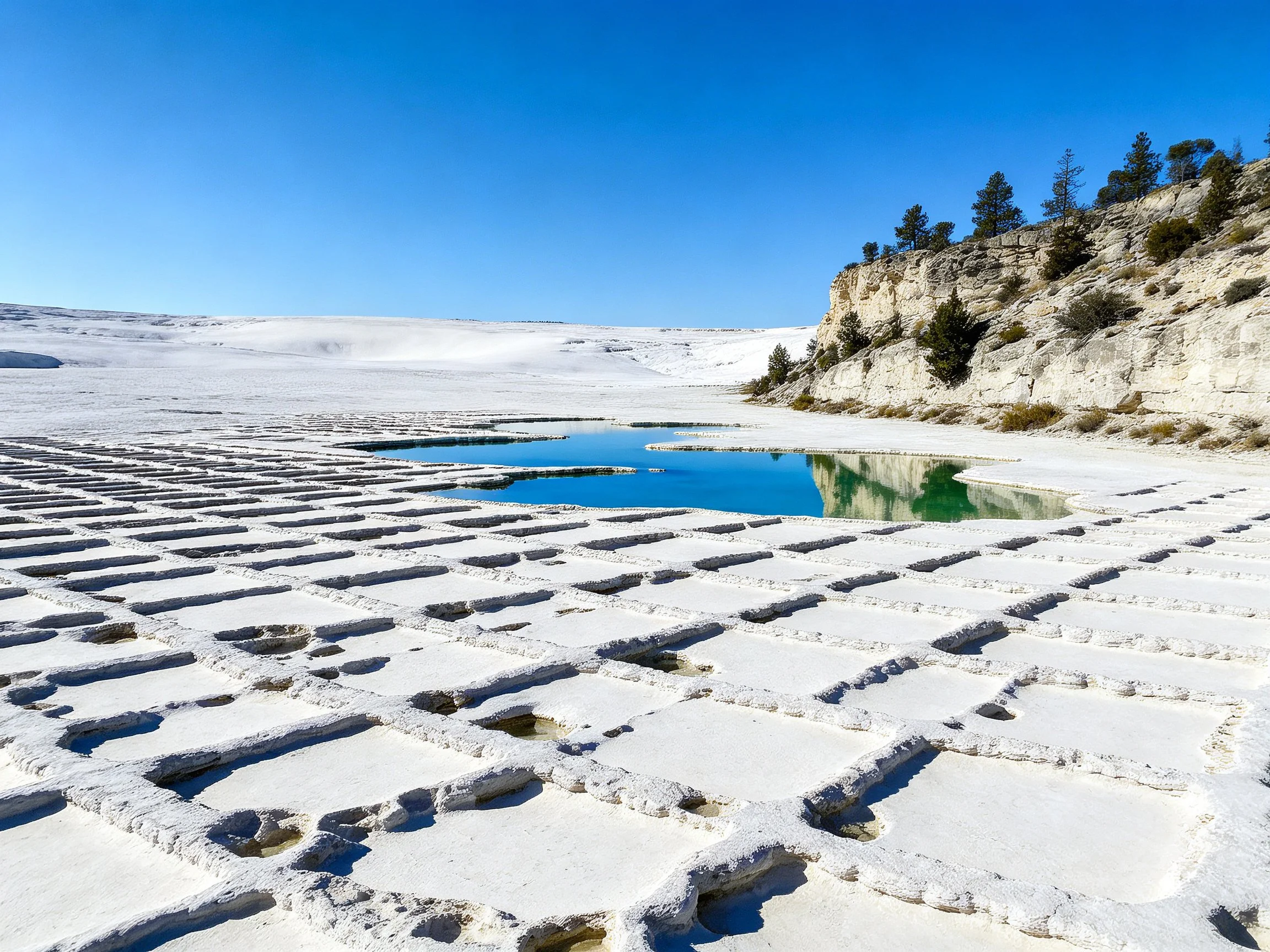 White grid - patterned formations near turquoise water and rocky cliffs