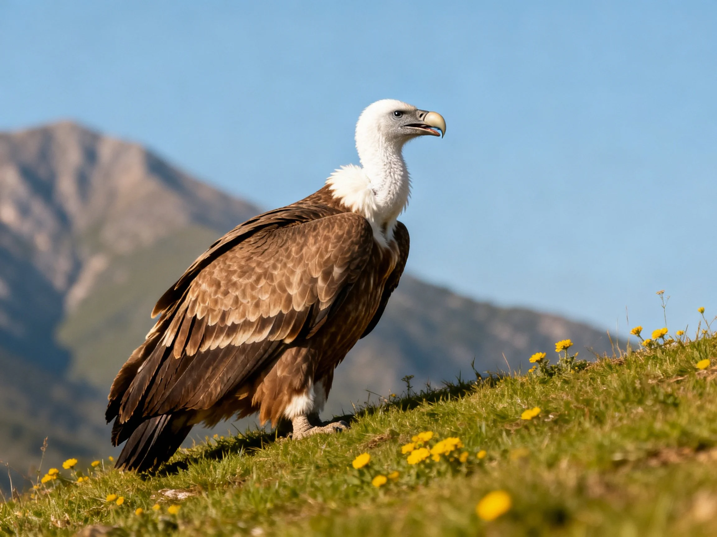 White-headed vulture on a flowered mountain hillside