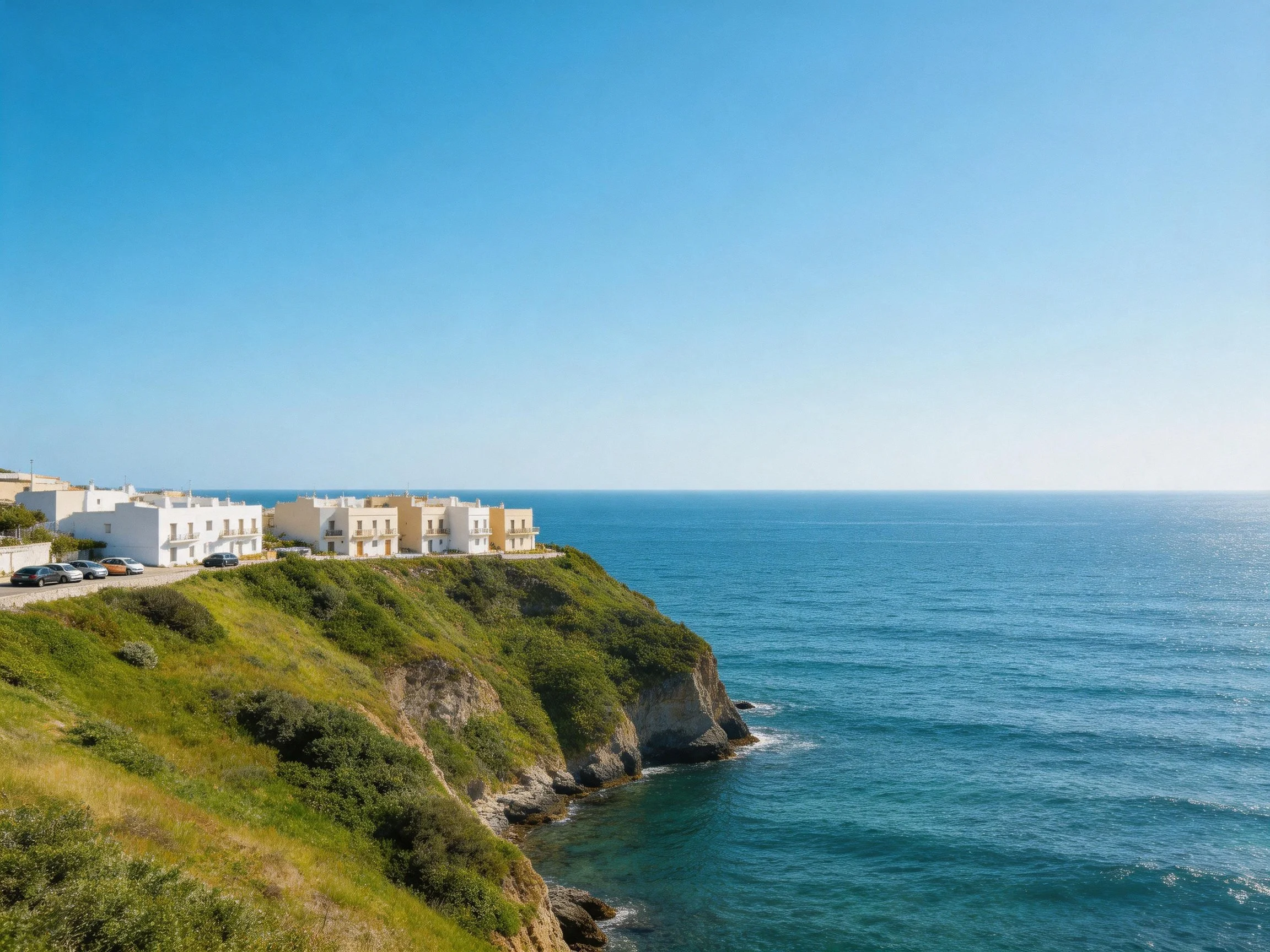 White homes on green cliffside by calm blue sea