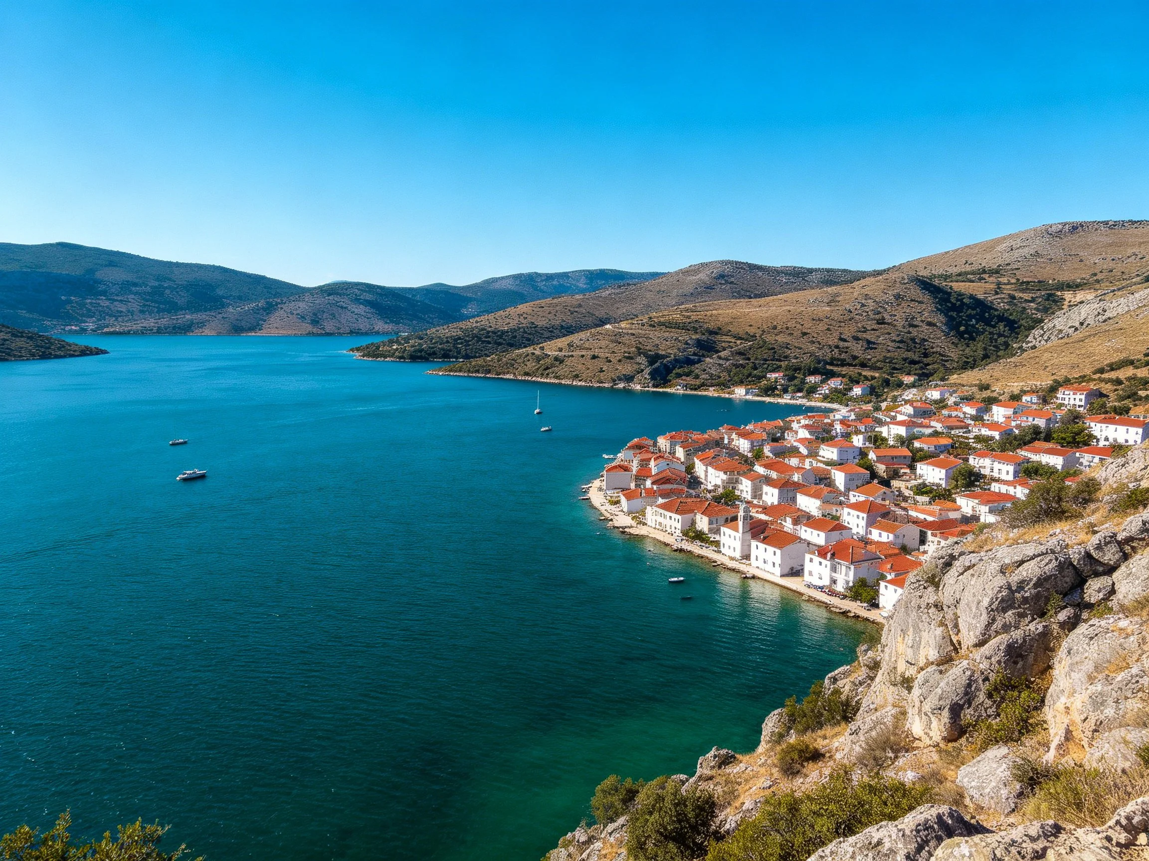 White houses with red roofs along turquoise bay