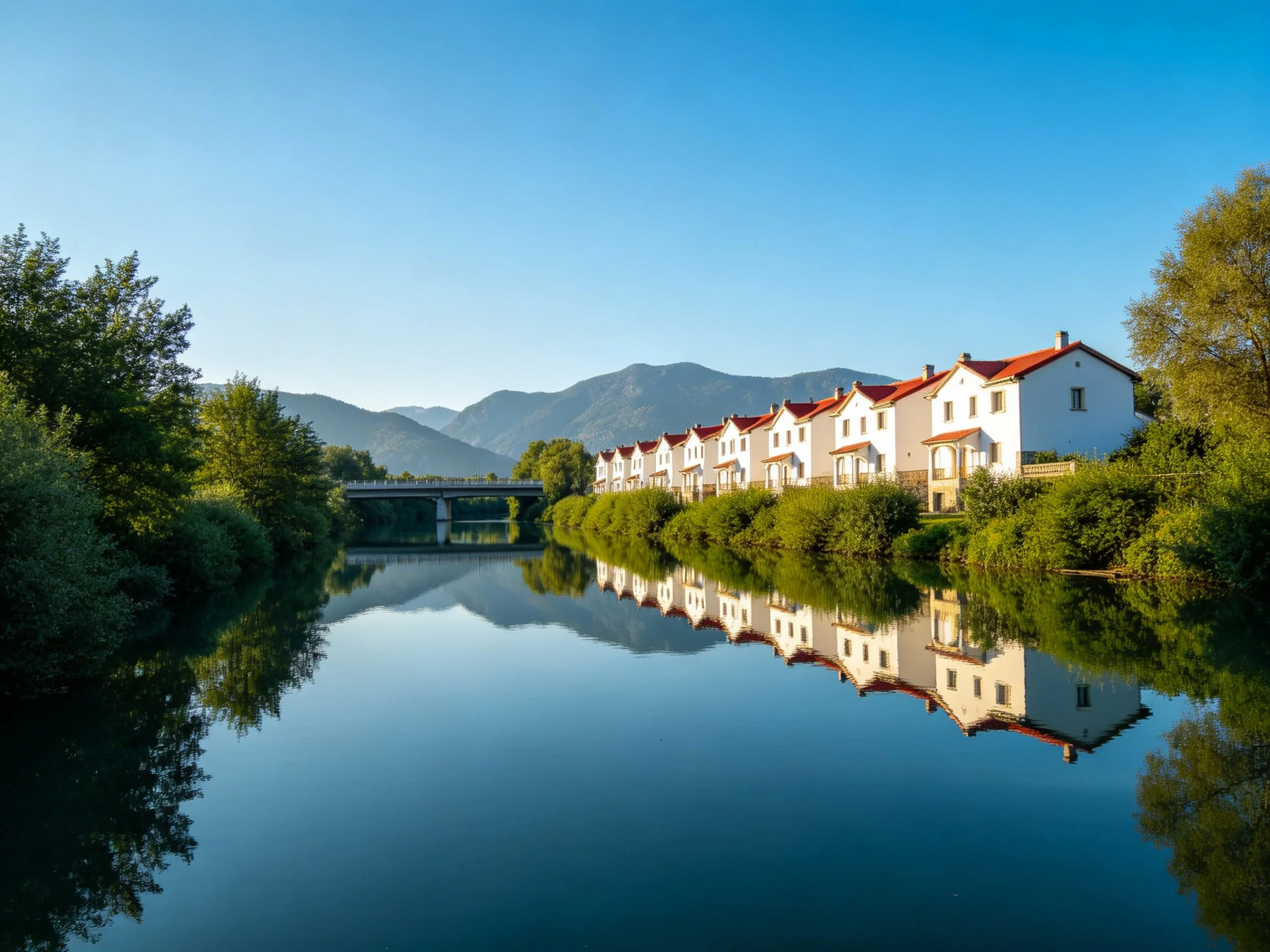 White houses with red roofs by a calm river reflecting mountains
