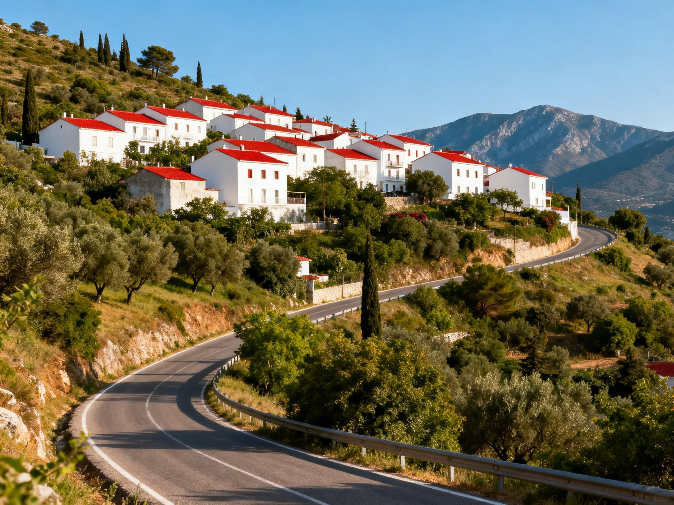 White houses with red roofs on a hilly landscape near mountains