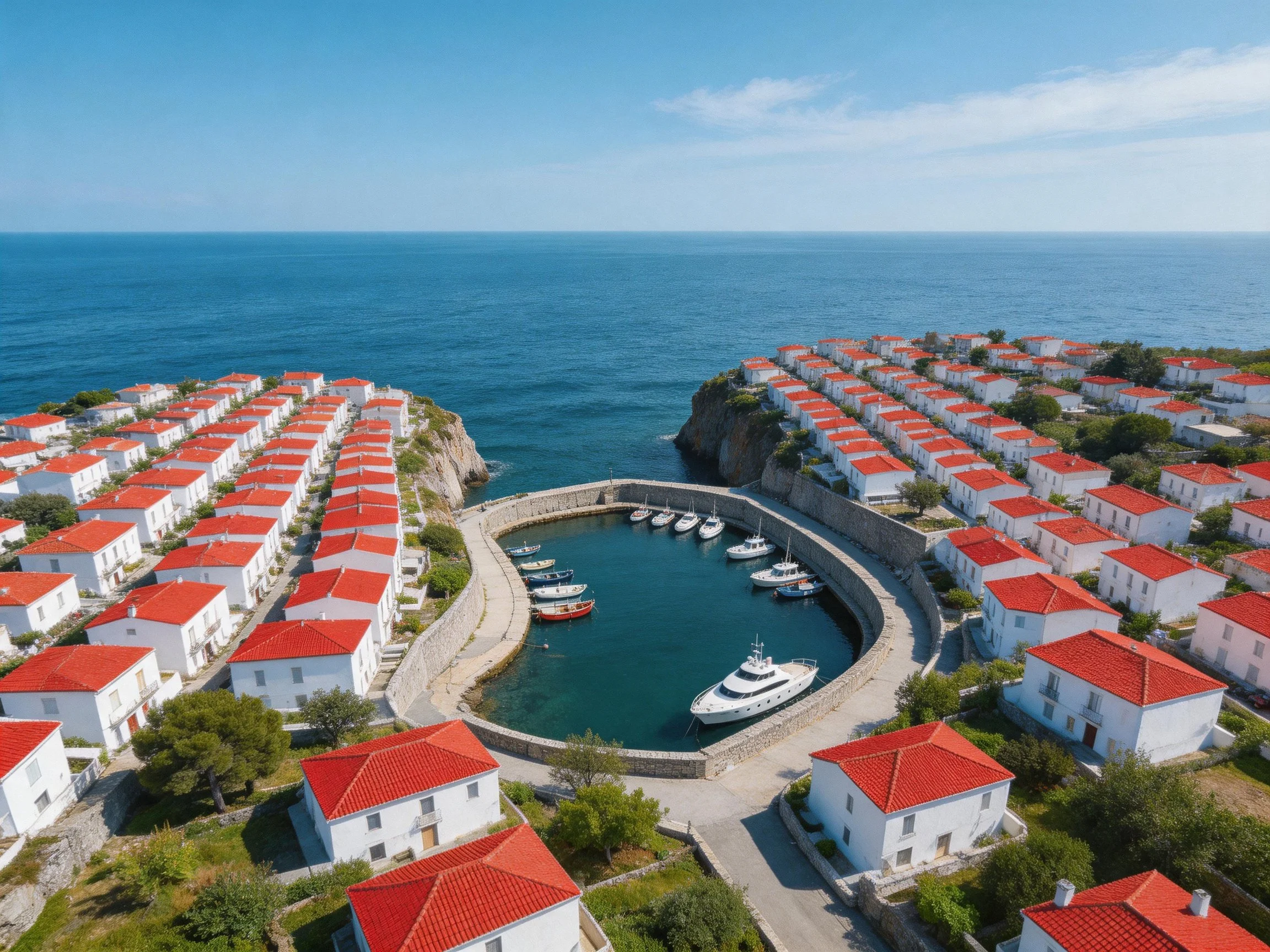 White houses with red roofs surround a coastal marina