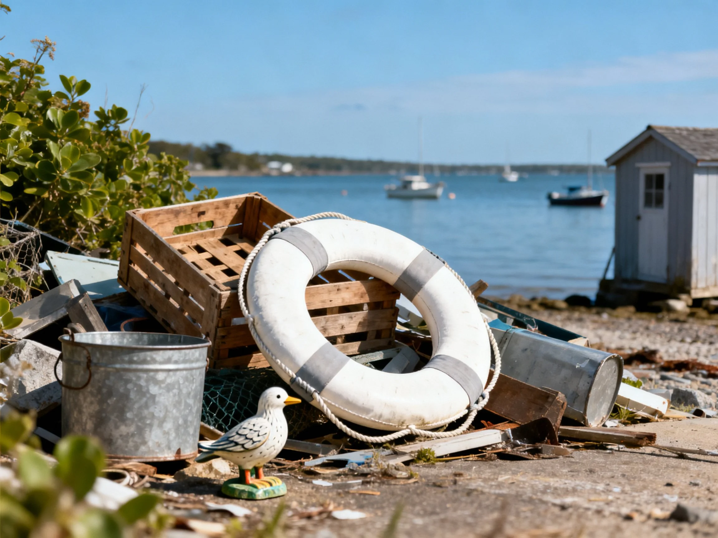 White life preserver, wooden crate, and seagull figurine by the waterfront