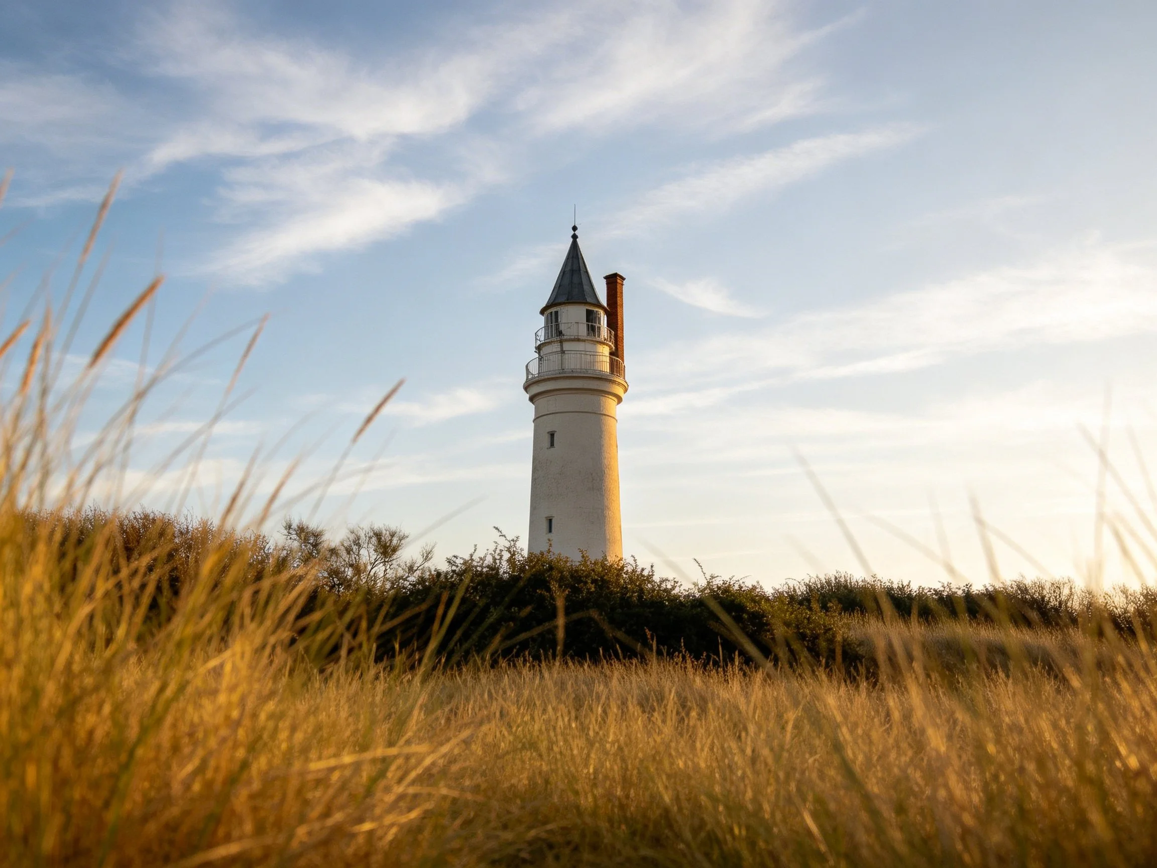 White lighthouse amid golden grasses under a partly cloudy sky